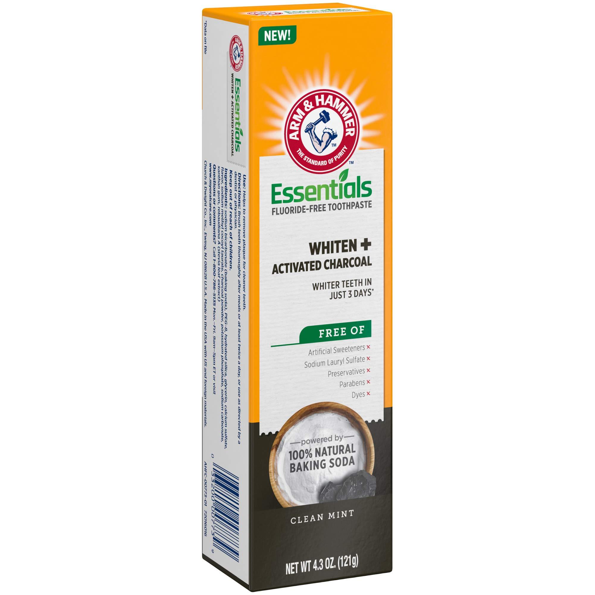 ARM & HAMMER Essentials Fluoride-Free Toothpaste Whiten + Activated Charcoal-4 Pack of 4.3oz Tubes, Clean Mint- 100% Natural Baking Soda - Image 10