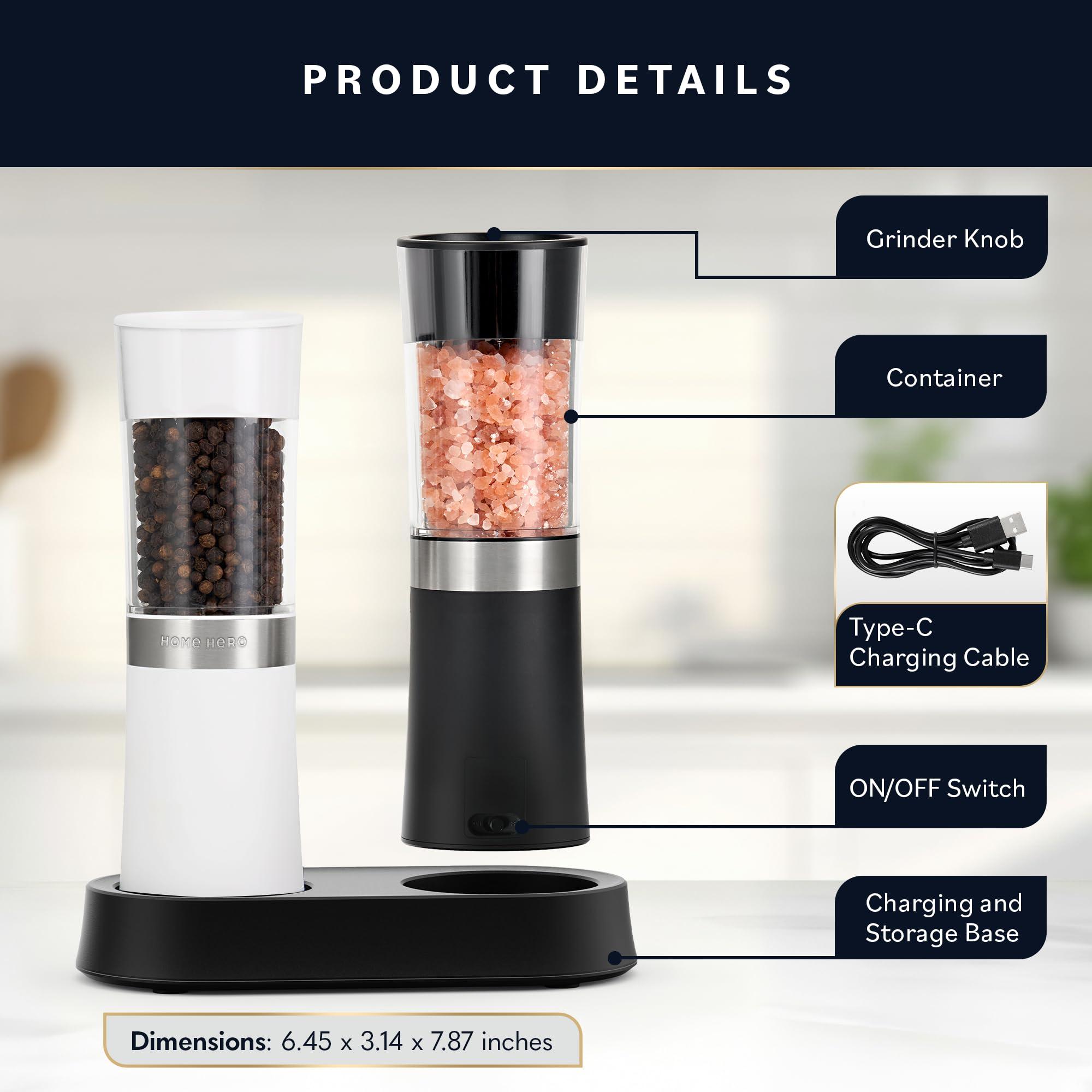 Home Hero Electric Salt and Pepper Grinder Set - Automatic Salt and Pepper Grinder Set Rechargeable. Electronic Salt and Pepper Shakers with LED Light, Gravity Electric Pepper & Salt Grinder, Set of 2 - Image 7