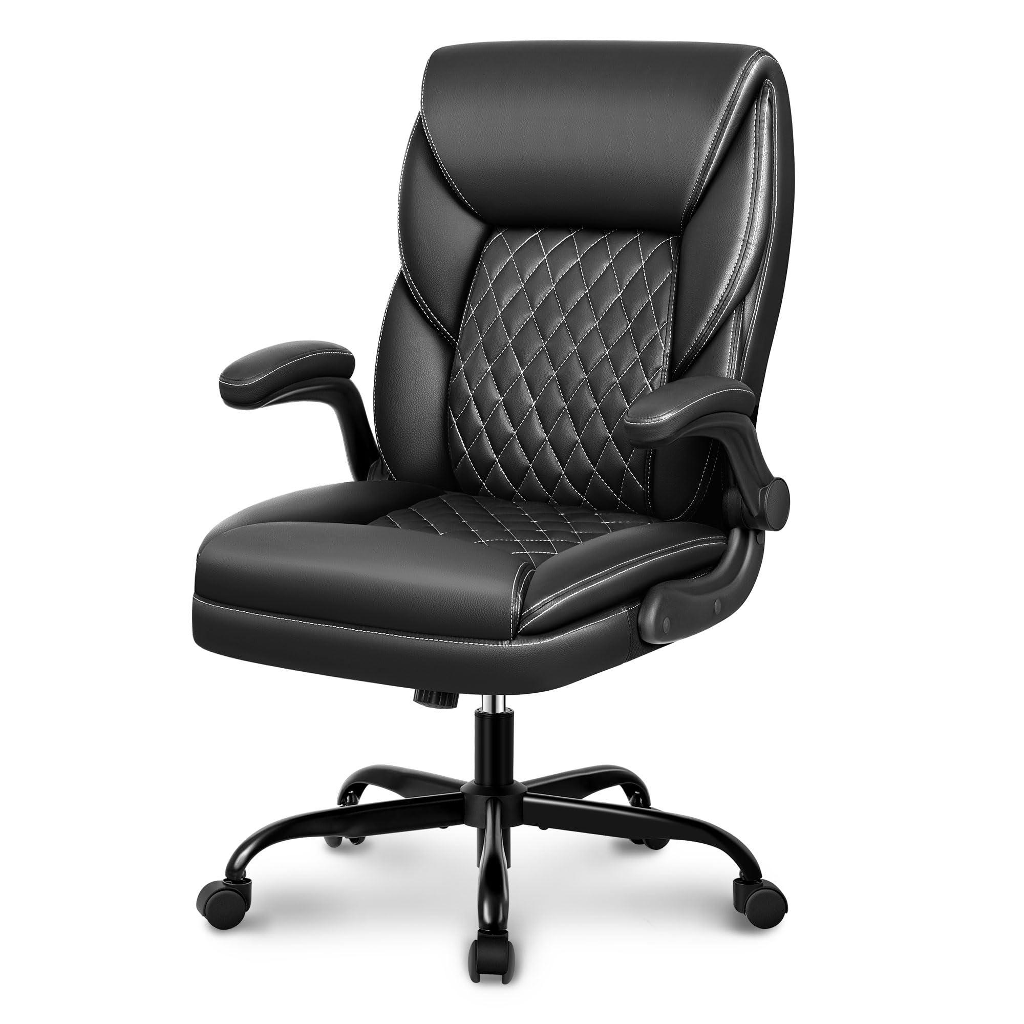 BestEra Office Chair, Executive Leather Chair Home Office Desk Chairs, Ergonomic Computer Desk Chair with Adjustable Flip-Up Arms, Lumber Support Swivel Task Chair with Rocking Function (Black)