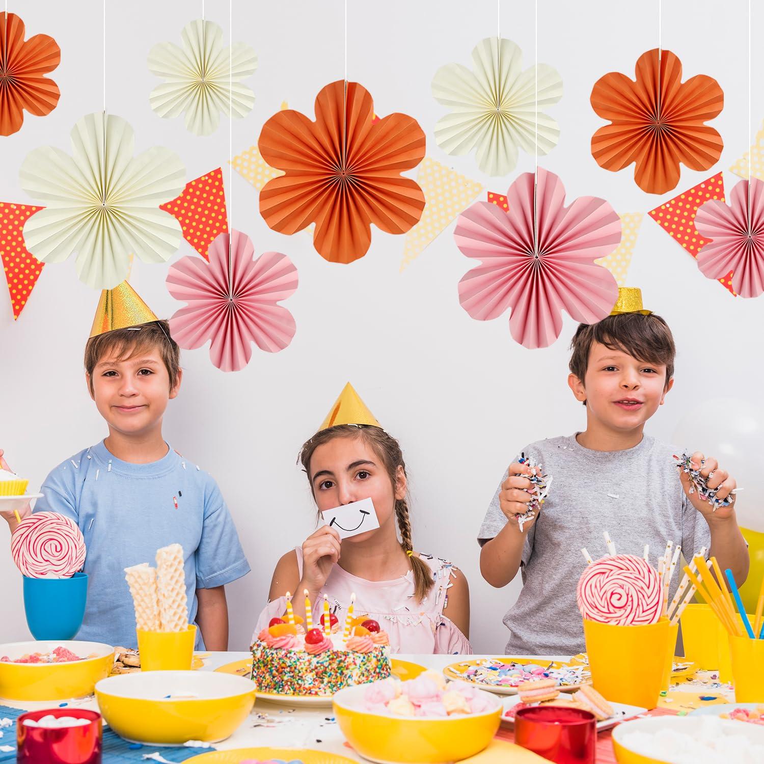 9Pcs Hanging Paper Fans Party Decorations, Orange Pink White Paper Flowers for Floral Preppy Birthday Baby Shower Wedding Party Backdrop Decor - Image 4