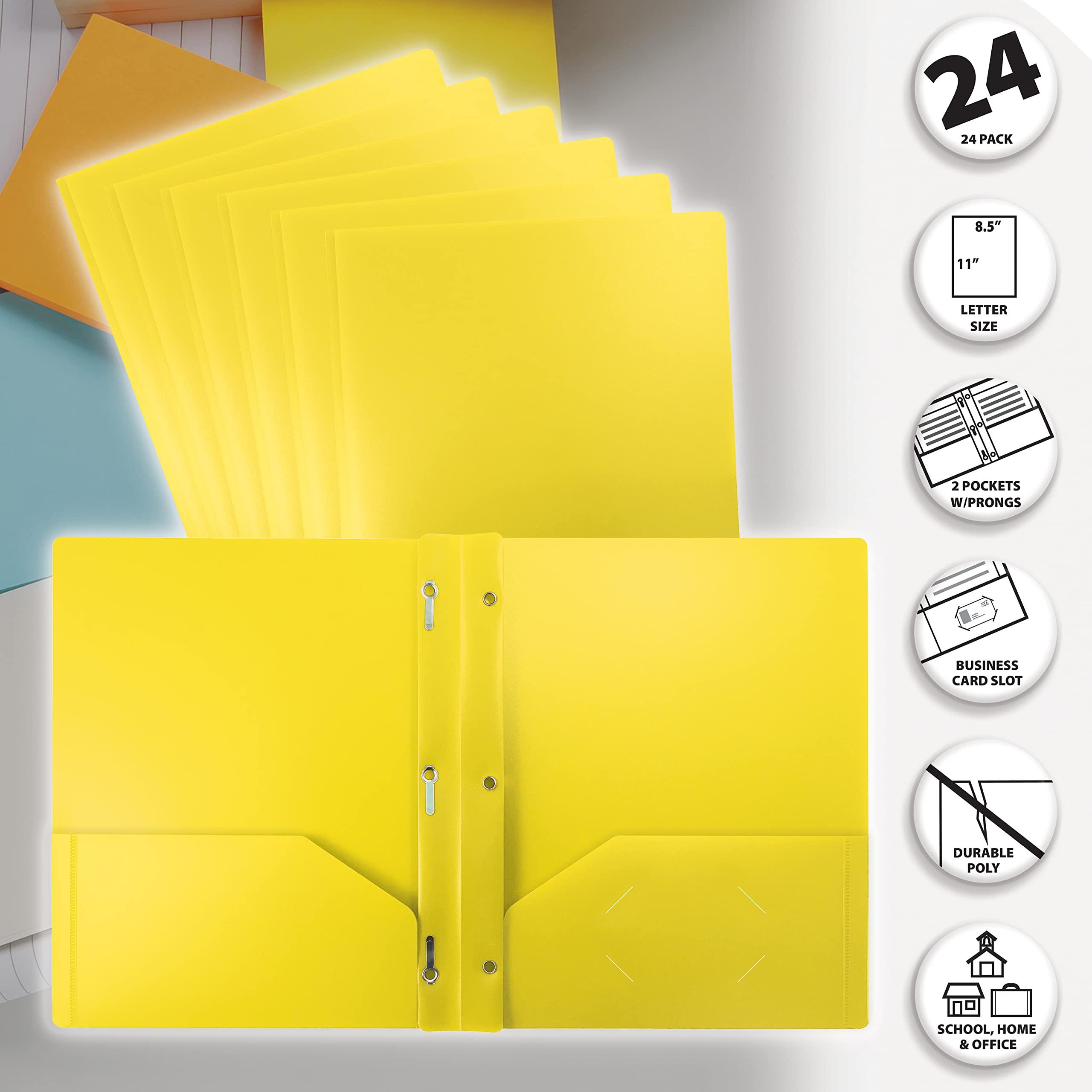 Better Office Products Yellow Plastic 2 Pocket Folders with Prongs, Heavyweight, Letter Size Poly Folders, 24 Pack, with 3 Metal Prongs Fastener Clips, Yellow - Image 4
