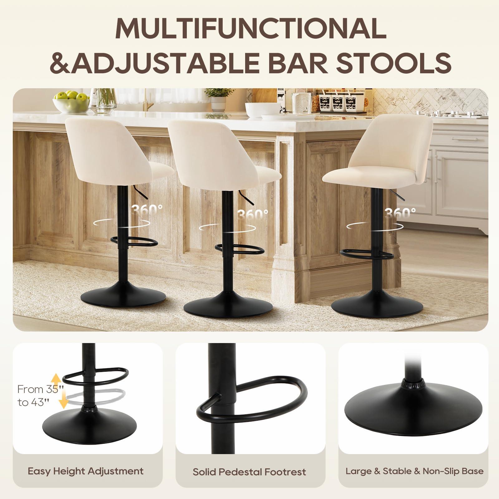COLAMY Bar Stools Set of 4, Modern Swivel Bar Chairs, Adjustable Upholstered Barstools Counter Height with Full Backrest for Bar, Dining Room, Kitchen Island, Beige - Image 4