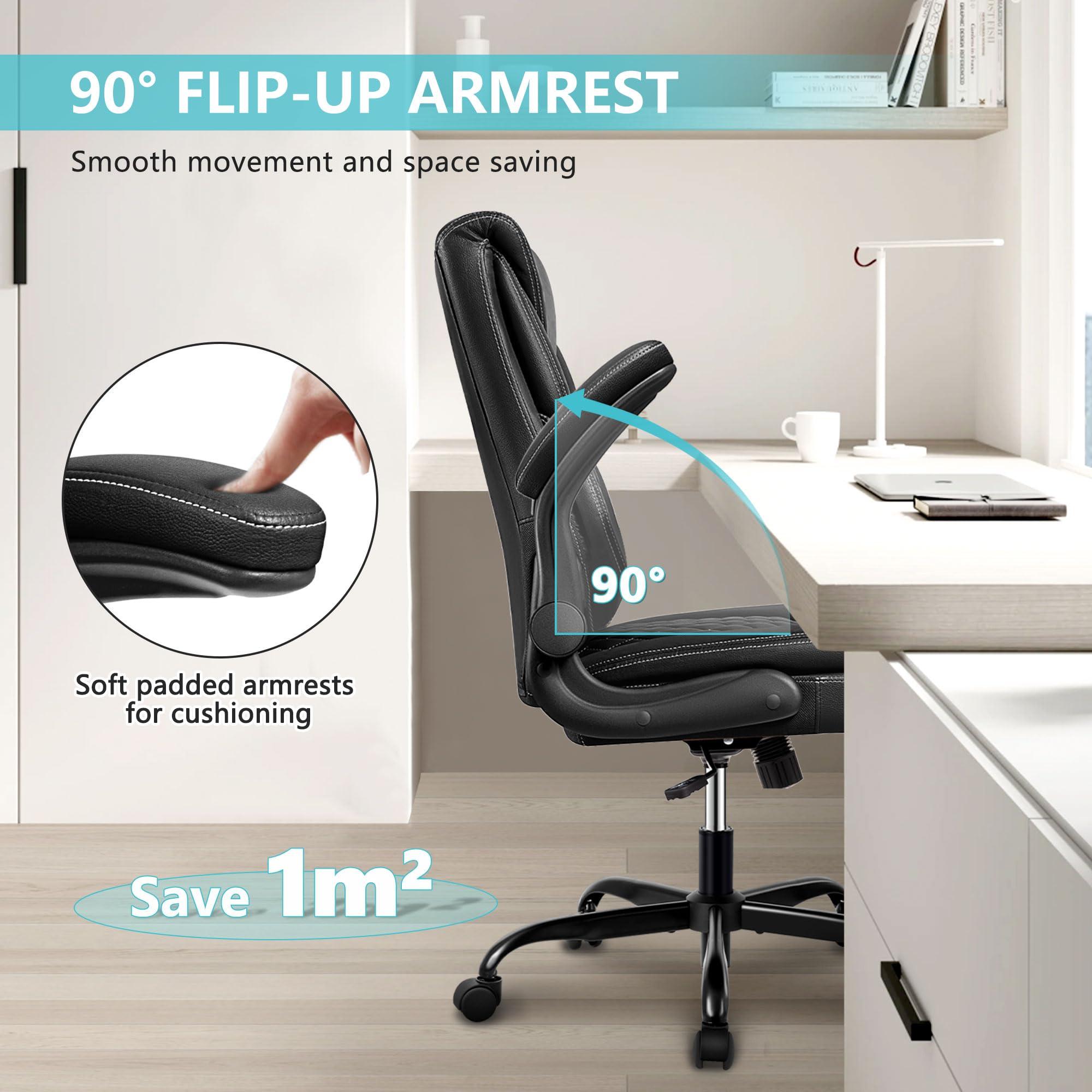 BestEra Office Chair, Executive Leather Chair Home Office Desk Chairs, Ergonomic Computer Desk Chair with Adjustable Flip-Up Arms, Lumber Support Swivel Task Chair with Rocking Function (Black) - Image 8