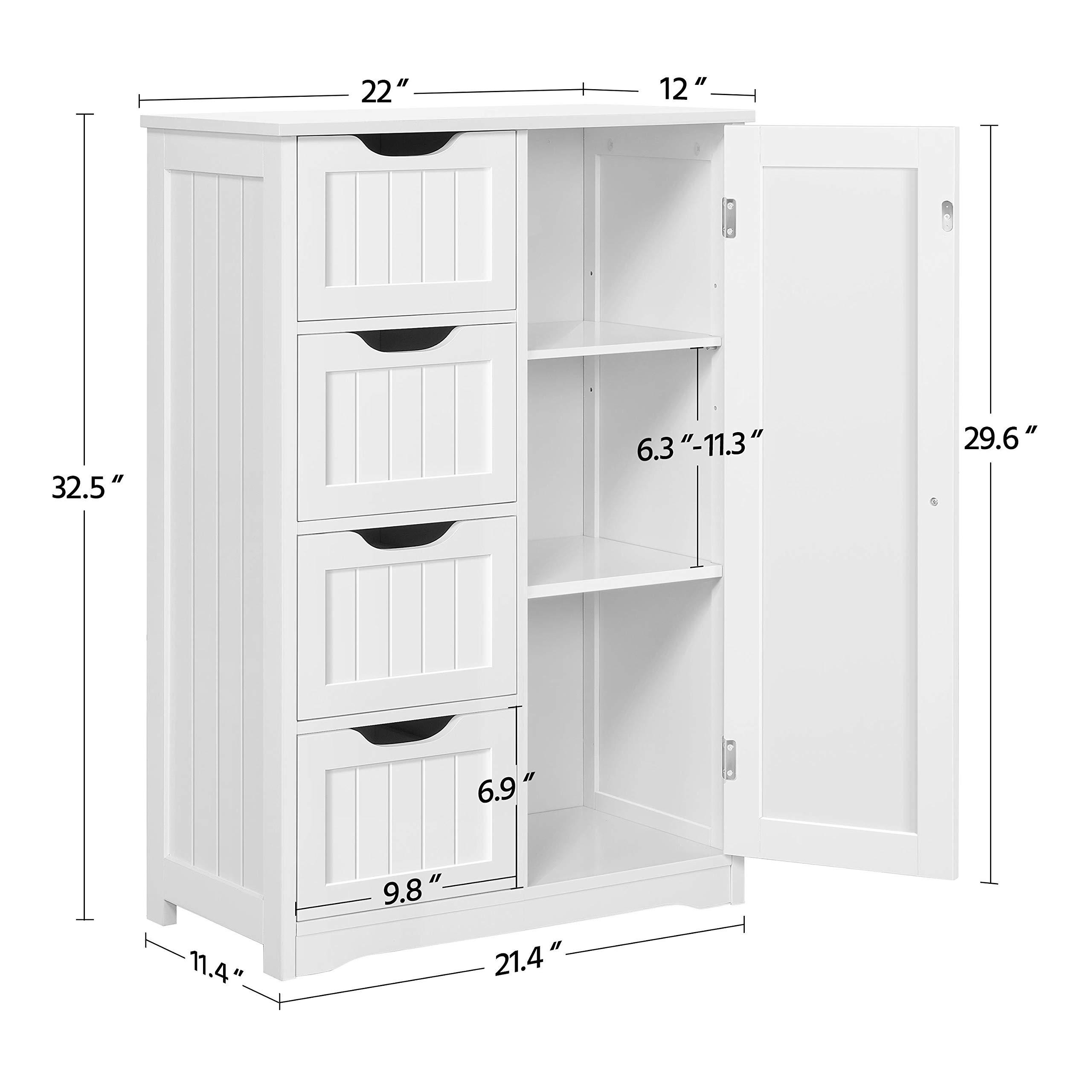 Yaheetech Wooden Floor Cabinet, Side Storage Organizer with 4 Drawers and 1 Cupboard, Freestanding Entryway Storage Unit Console Table, Bathroom Furniture Home Decor, White - Image 3