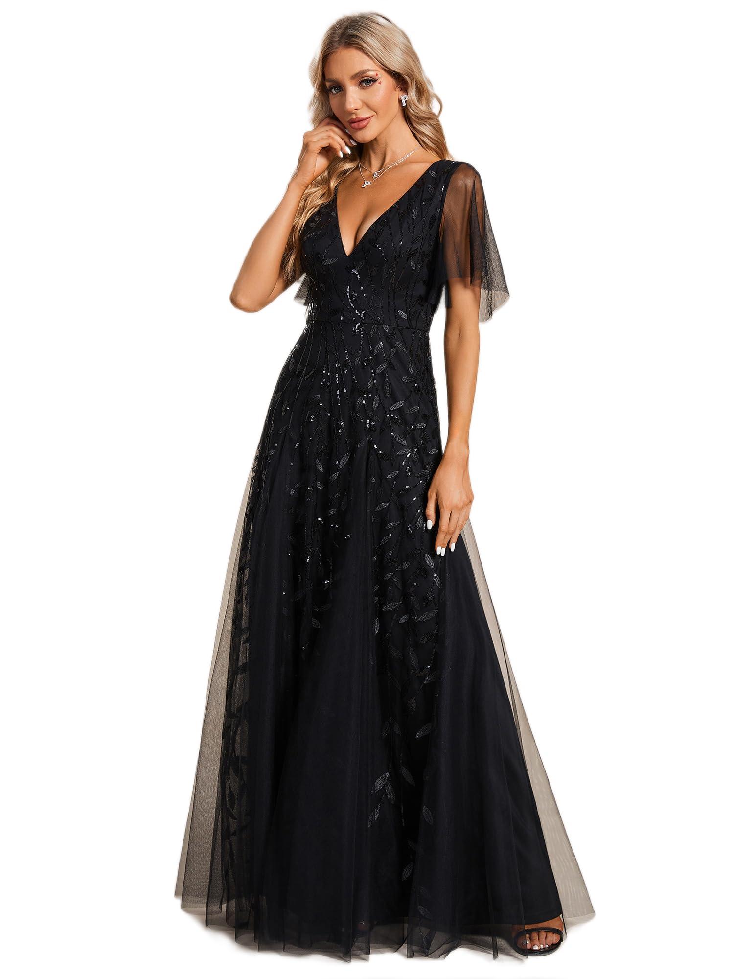 Ever-Pretty Women's Sequin Sparkly V-Neck Short Sleeve Maxi Evening Dress 00734