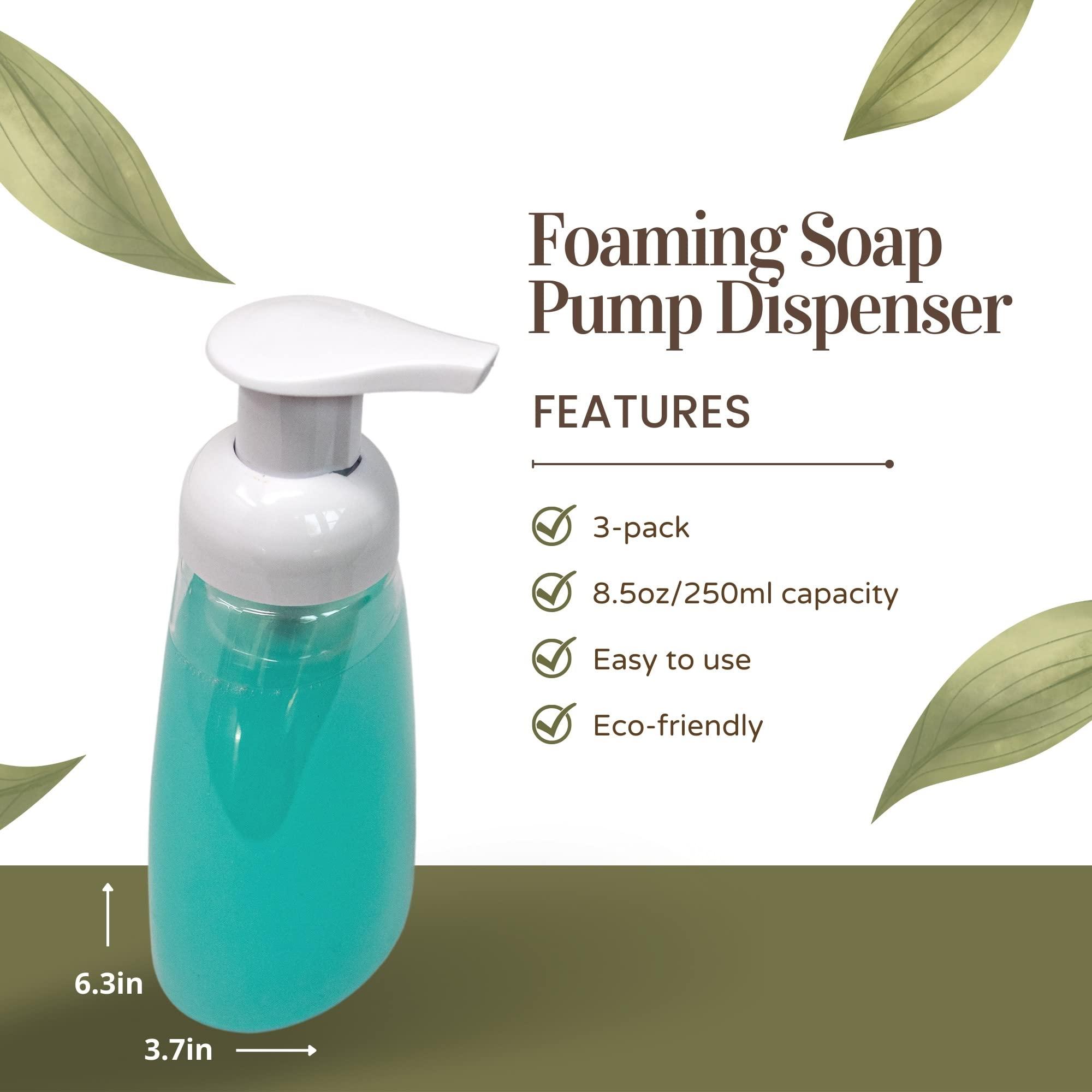 Clear Plastic Foaming Bathroom Countertop Soap Dispensers, Foaming Pump Bottles, Refillable Plastic Container for Liquid Soap, Compatible with Dr Bronner's Pure Castile Soap 250ml (8.5 oz) - (3 Pack) - Image 3
