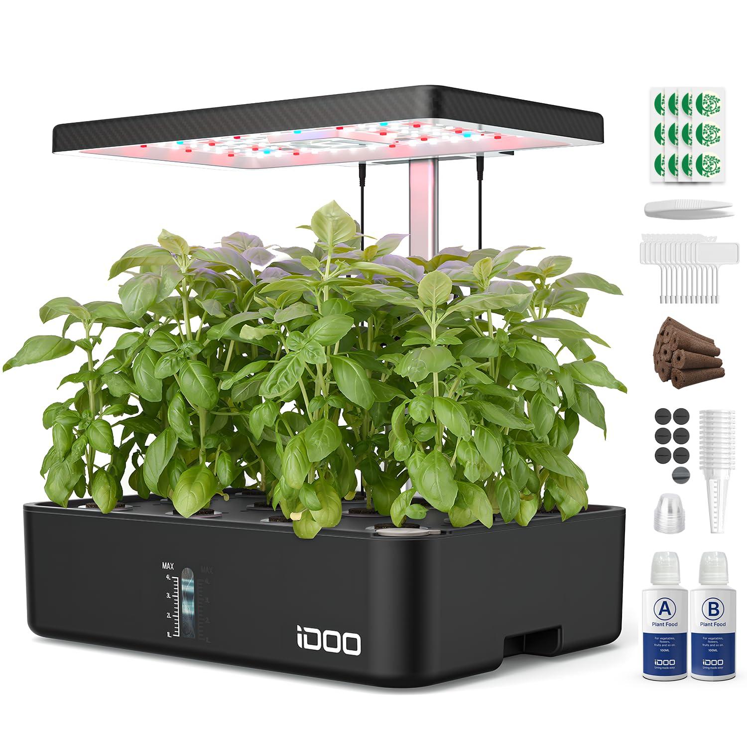 iDOO Hydroponics Growing System Kit 12Pods, Gardening Gifts for Women Mom, Indoor Herb Garden with LED Grow Light, Built-in Fan, Auto-Timer, Adjustable Height Up to 11.3", 12Pods-Black