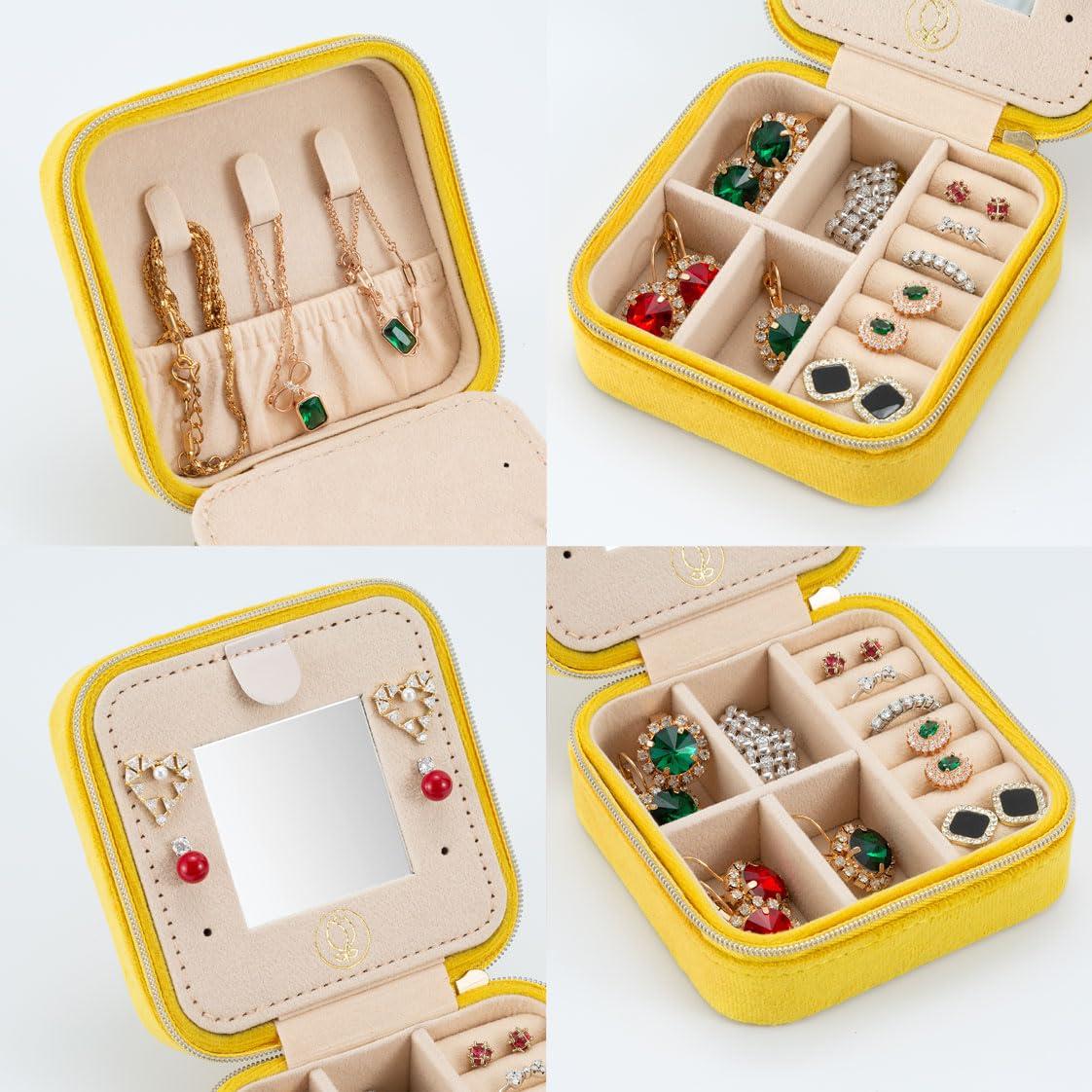 ZPROW Plush Velvet Travel Jewelry Case, Organizer, Box, Small Case for Women, Earring Organizer with Mirror, Best Gifts For Daughter, Girlfriend, Mom | Gifts For Her - Yellow - Image 4