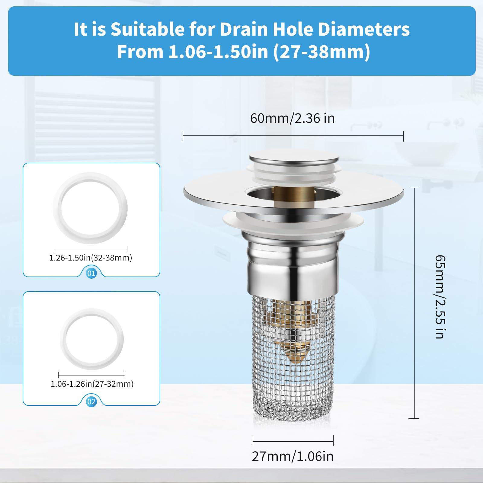 Nevellir 2 Pack Bathroom Sink Stopper for 1.06-1.50in, Universal Drain Filter with Hair Strainer, Universal Bathroom Sink Drain Pop Up Stopper for US Stainless Steel Floor Drain Filter - Image 2