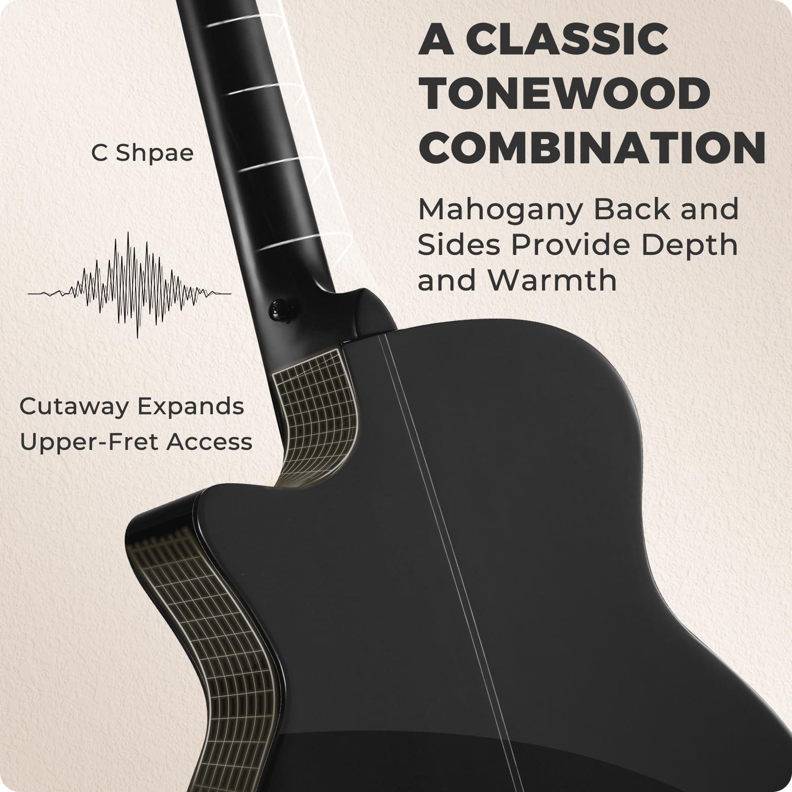 41" Acoustic Guitar Kit for Beginner: 4/4 Full Size Cutaway Acustica Guitarra Bundle for Adult Teen with Gig Bag, Tuner, Strap, Strings, Picks, Capo, FF60, Black - Image 6