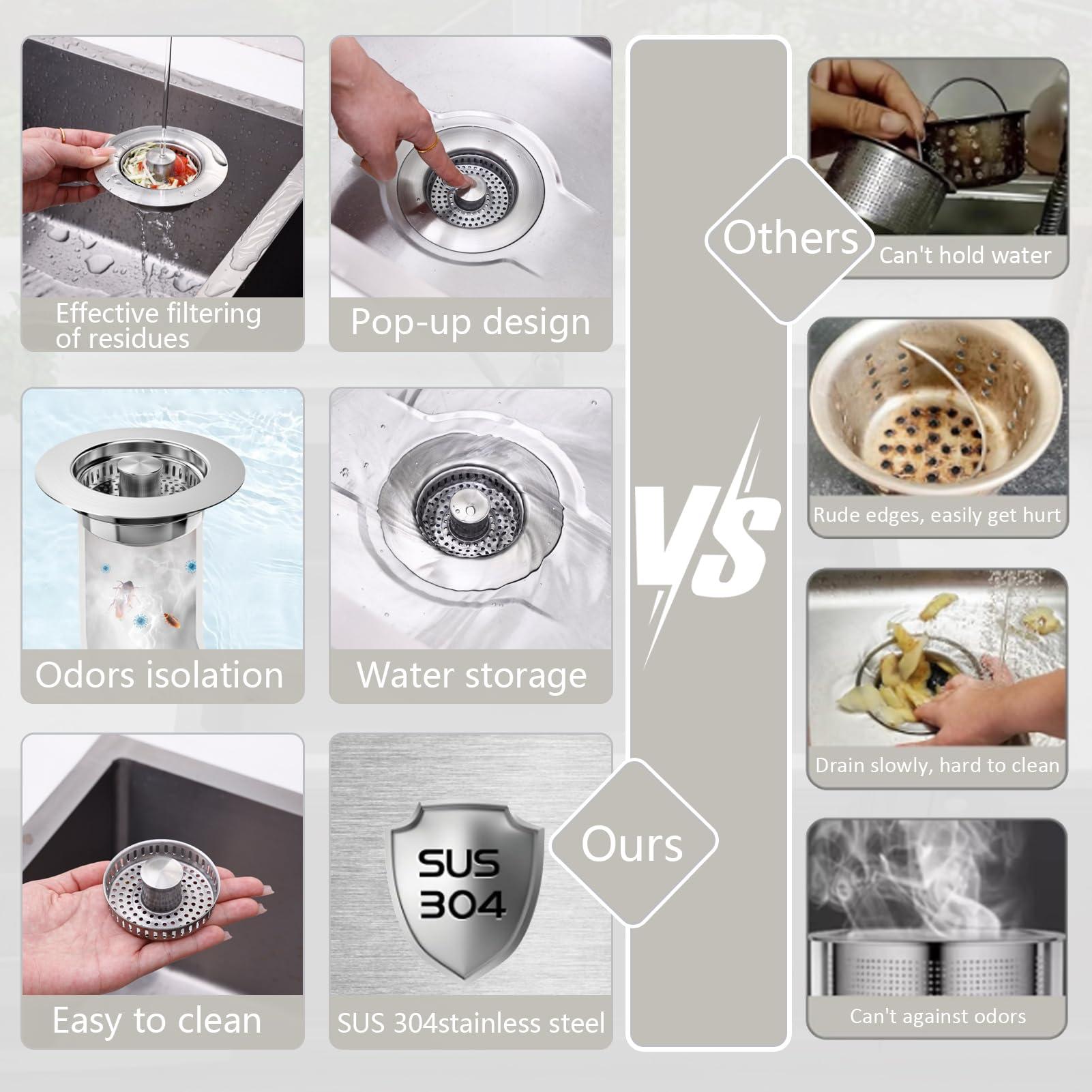 3 in1 Kitchen Sink Drain Strainer, 10,000 Press Test 304 Stainless Steel & Brass Material Pop-up Sink Stopper with Metal Basket Strainer Fast Drain Strainer for US Standard 3-1/2 in Kitchen Drain - Image 6
