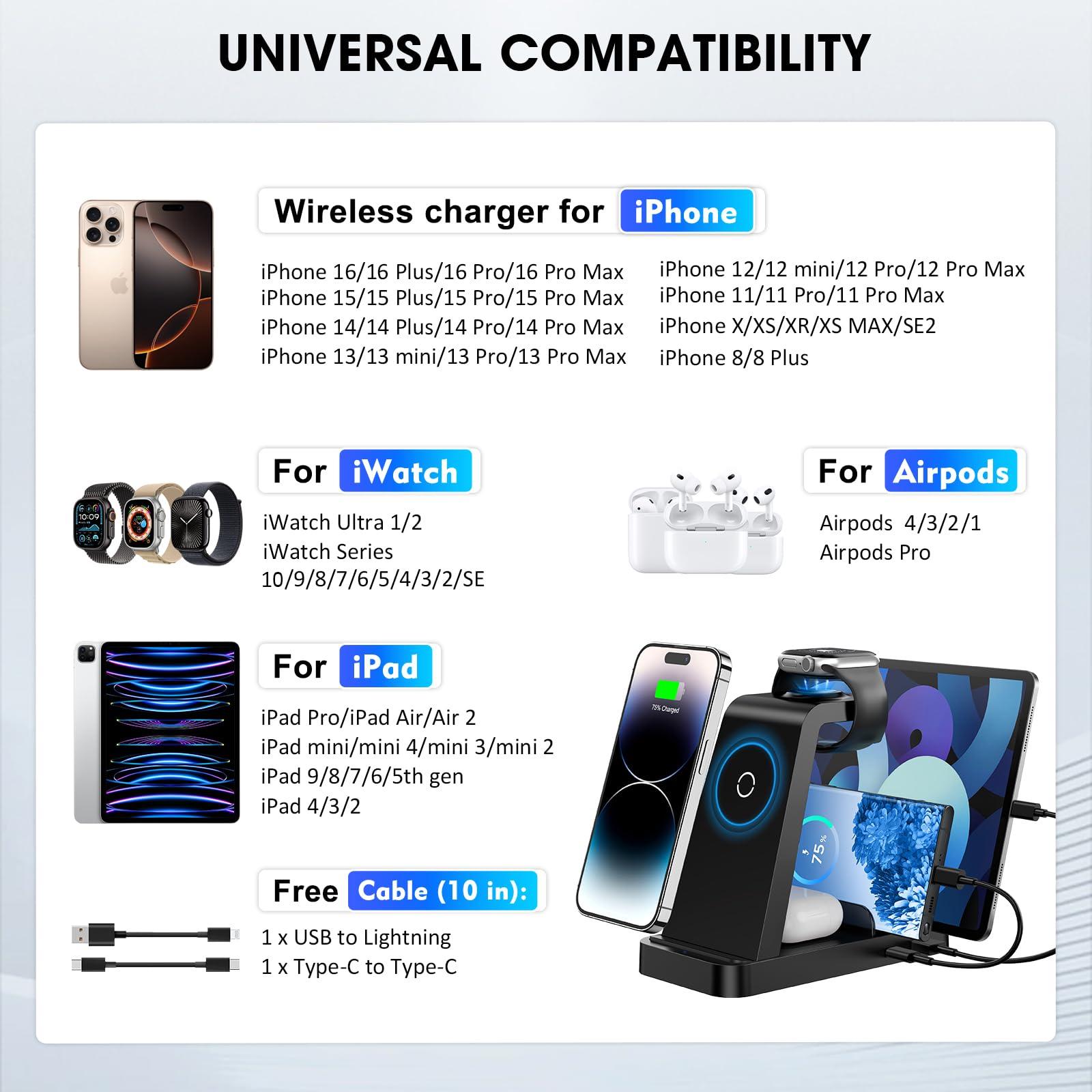 Wireless Charger for iPhone - 5 in 1 Charging Station for Multiple Devices Apple: Fast Wireless Charging Stand Dock for iPhone 16e 16 15 14 13 12 Pro Max Apple Watch Airpods - Image 3