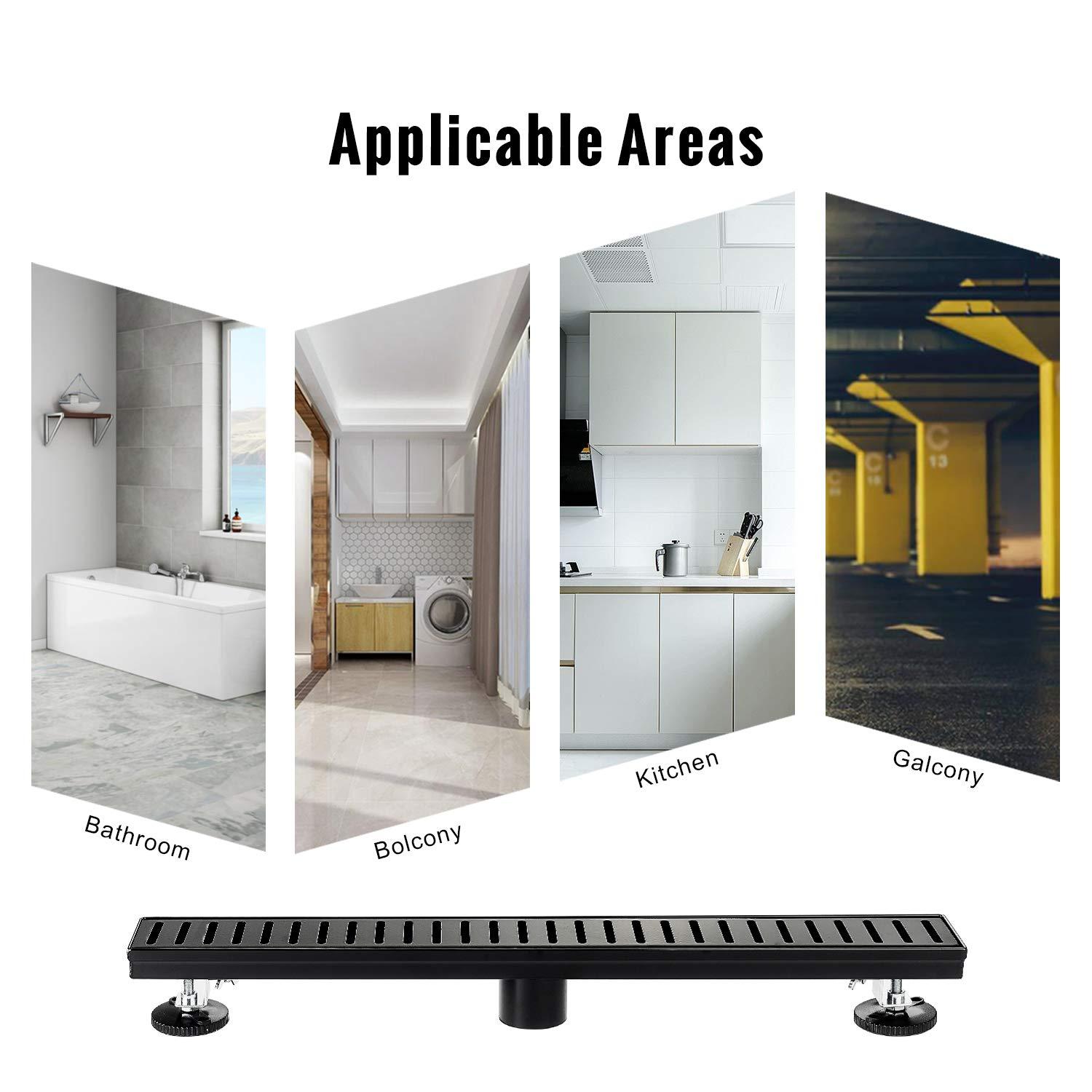 SaniteModar Linear Shower Drain, 32 inch Black Shower Drain with Removable Capsule Pattern Grate,304 Stainless Steel Shower Drain Include Hair Strainer,Adjustable Leveling Feet - Image 6