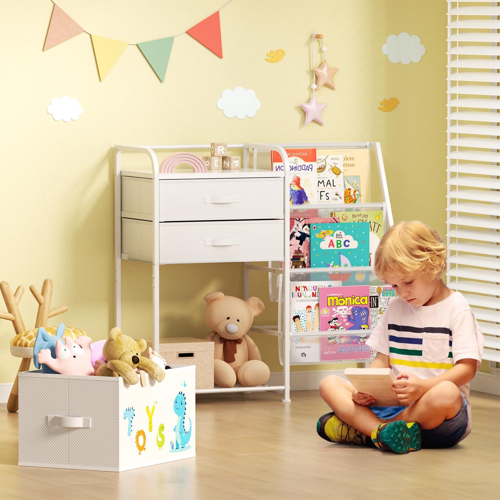BBLIKE Kids Bookshelf and Toy Storage Organizer - 3 Tier Book Shelf with Movable Toy Box for Kids Rooms, Ideal Bookcase and Toy Organizer with 2 Drawers for Playroom, Bedroom, Nursery, White - Image 3