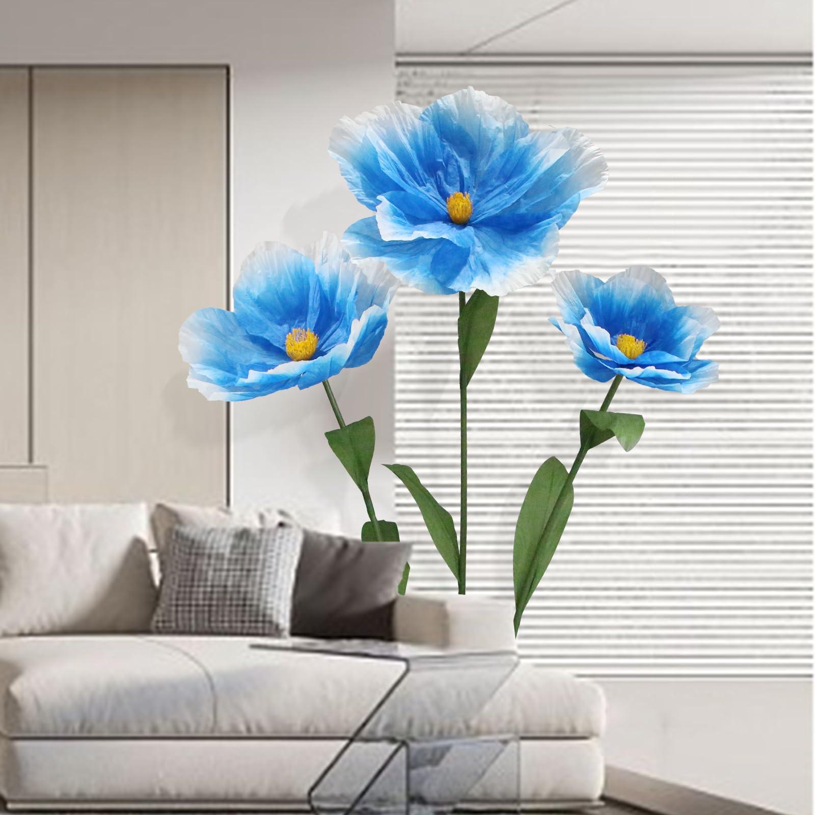 5.9 Ft Large Paper Artificial Flowers,Giant Flowers for Decoration,Standing Huge Handcrafted Poppy Flowers for Garden,Hotel,Office,Photography Props,Wedding,Art Gallery,Shop Window Display(B-Blue) - Image 4