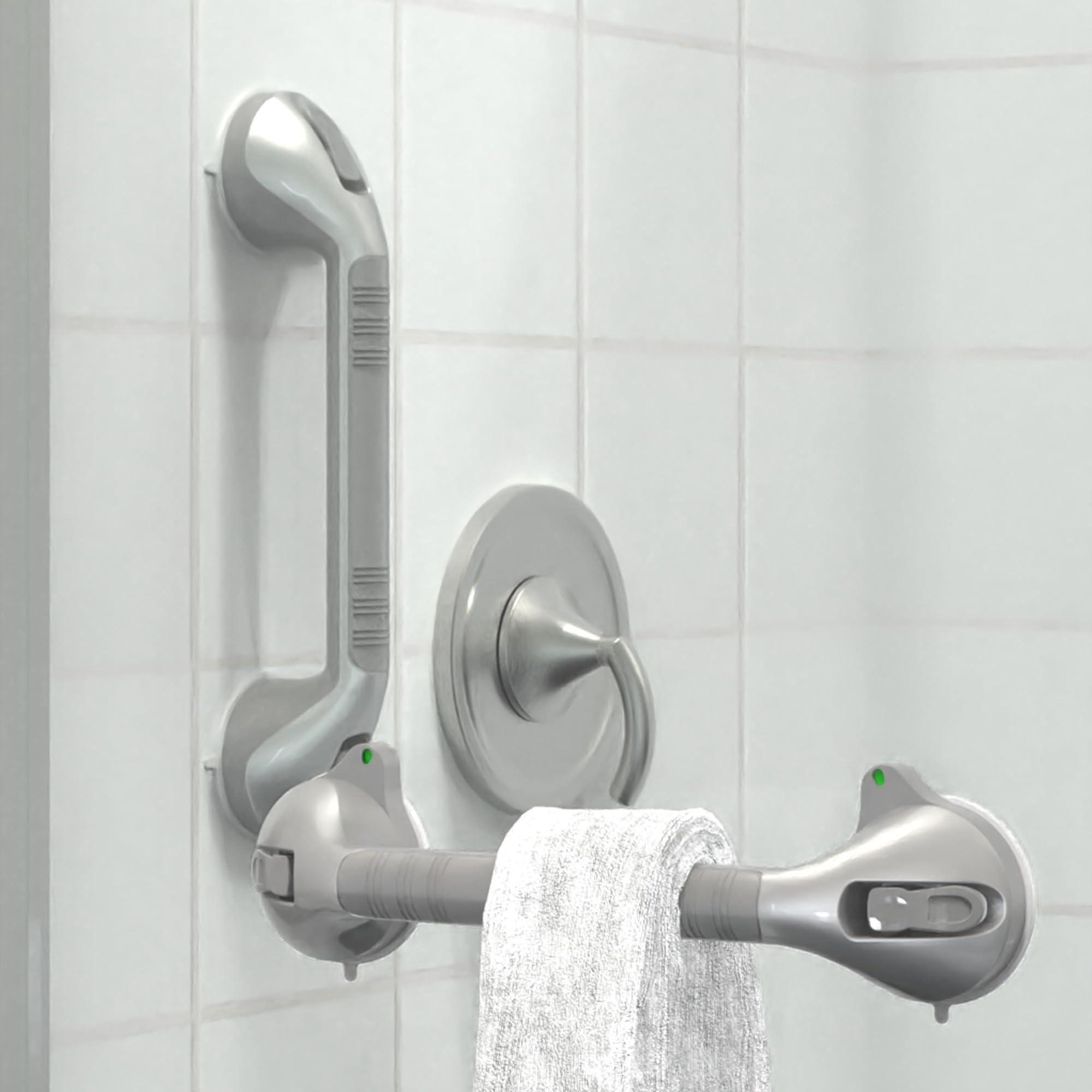 AquaChase 17“ Suction Shower Grab Bar with Indicators, Tool-Free Installation, Steady Handle for Balance Assist for Bathtub, Toilet, Bathroom, Dual Tone, Silver/Gray 2-Pack - Image 3