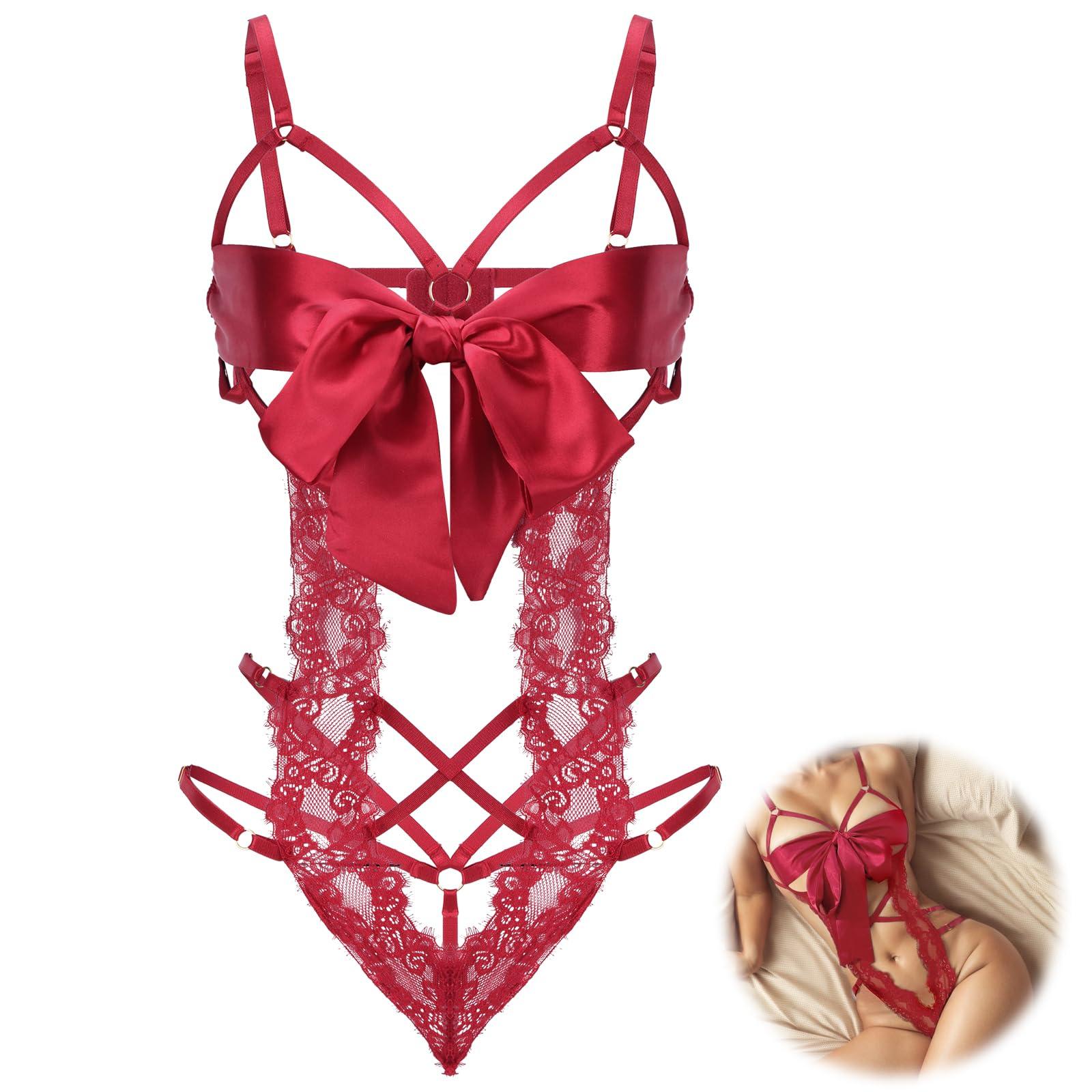 Women Sexy Lingerie Set Unwrap Me Bow Tie Lingerie Lace Smooth Ribbon Lingerie for Ladies Valentines Outfit