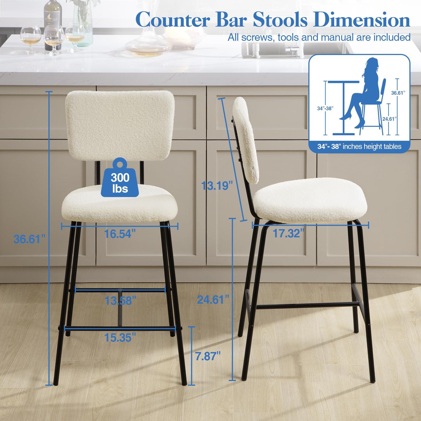 Bar Stools Set of 4 Boucle Fabric Bar Stool - Modern White Counter Height Bar Stools, Upholstered Counter Chairs for Kitchen Island/Kitchen Counter - Image 2