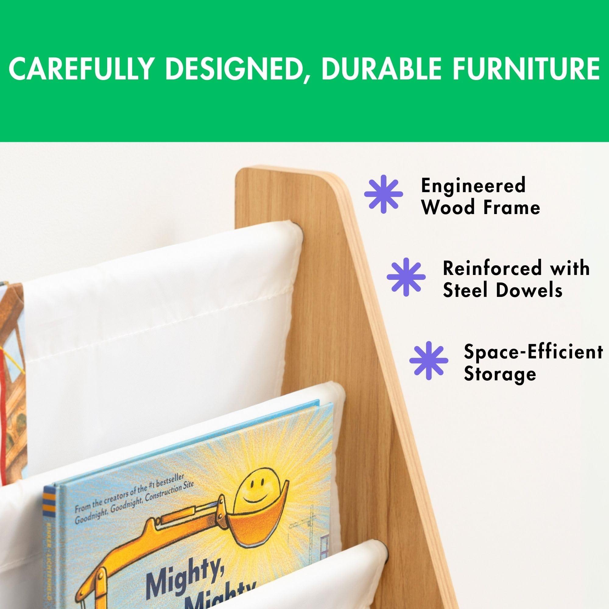 Humble Crew 4-Tier Kids Bookshelf, Natural Wood/White - Premium Book Shelf for Kids Rooms with Four Deep Pockets - Toddler Sling Book Rack with Deep Sleeves, Nursery Bookcase Organizer - Image 6