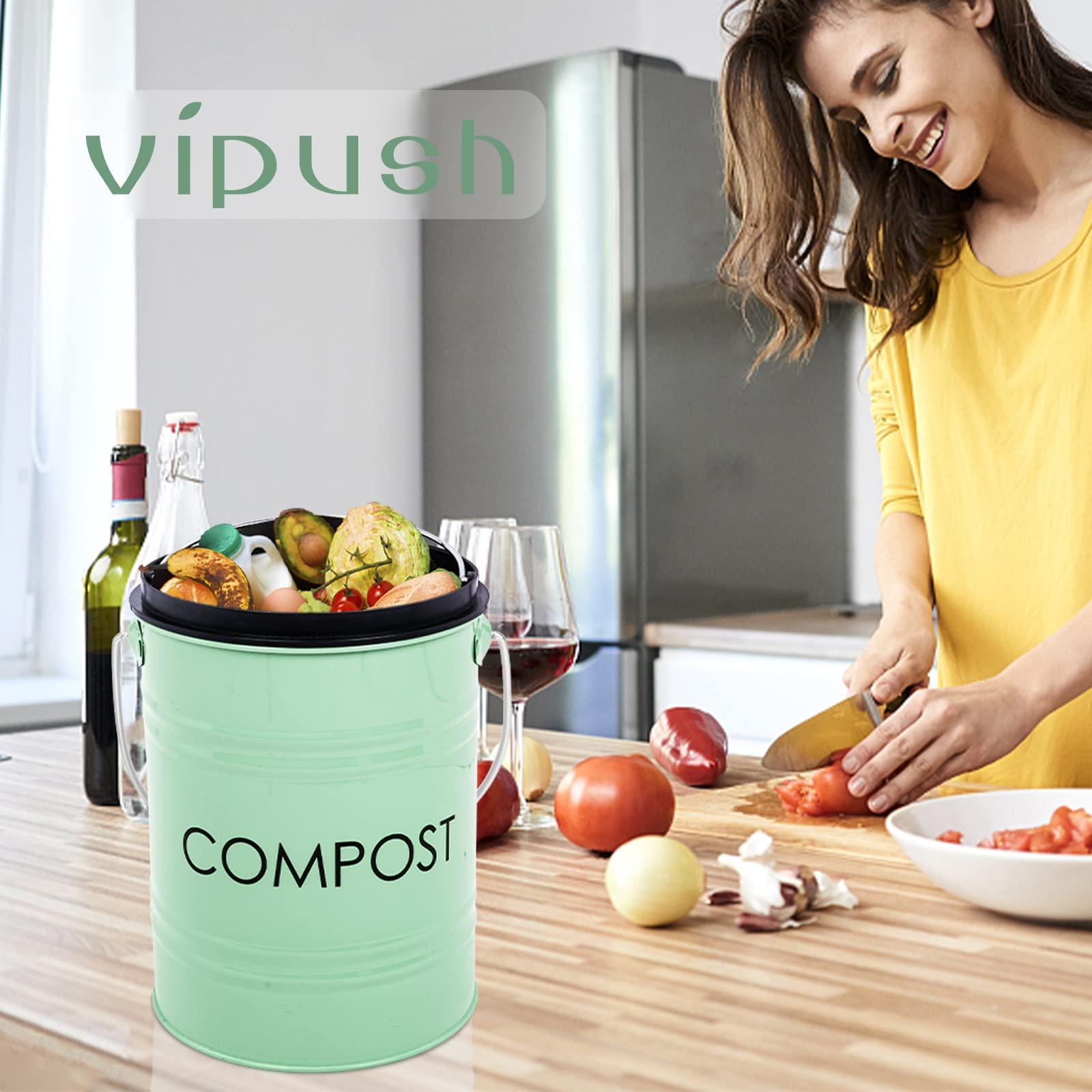 Vipush Kitchen Countertop Compost Bin with lid – Small, Includes Inner Compost Bucket Liner & Charcoal Filter, Green - Image 2