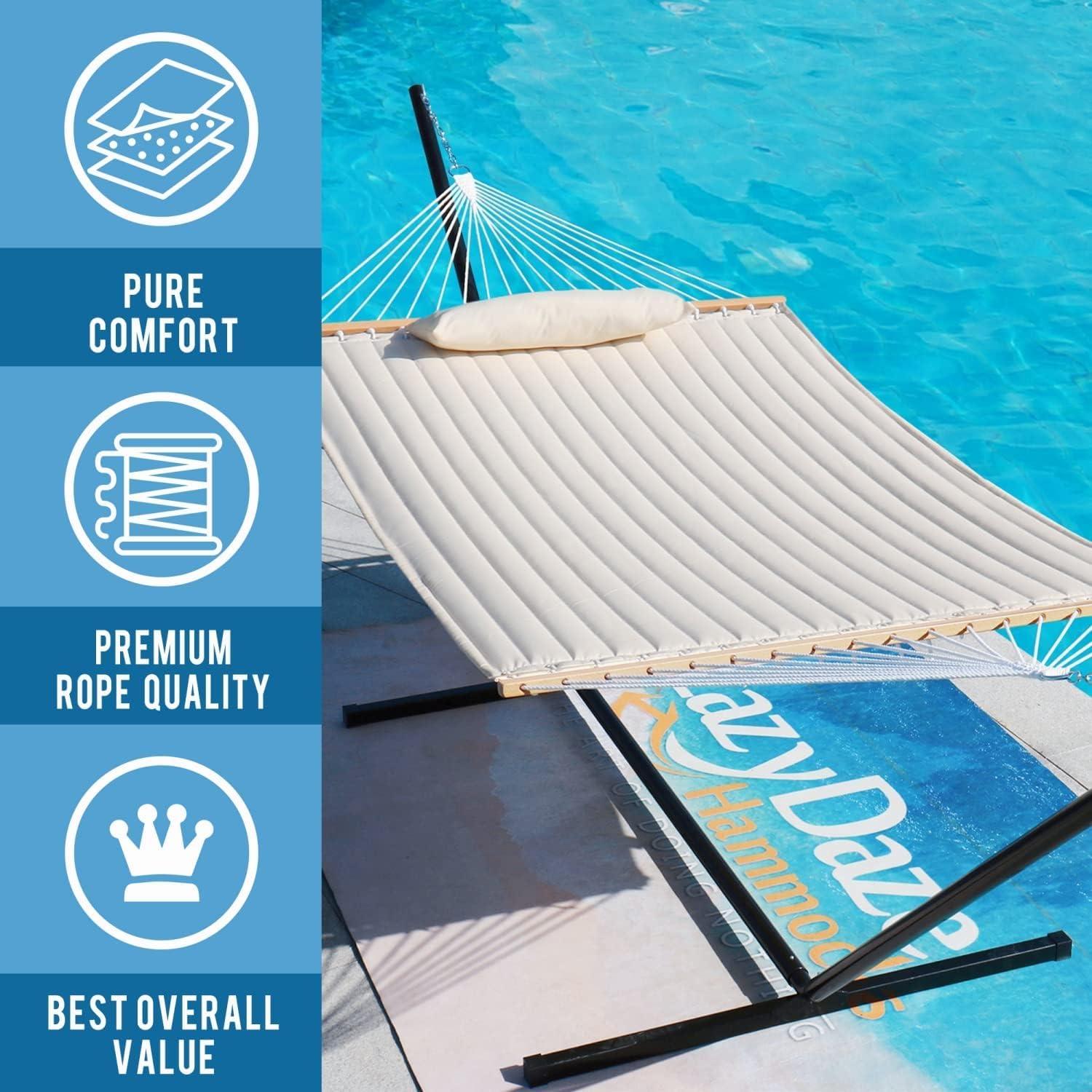 Lazy Daze Hammocks 12 FT Double Quilted Fabric Hammock with Spreader Bars and Detachable Pillow, 2 Person Hammock for Outdoor Patio Backyard Poolside, 450 LBS Weight Capacity, Natural - Image 4
