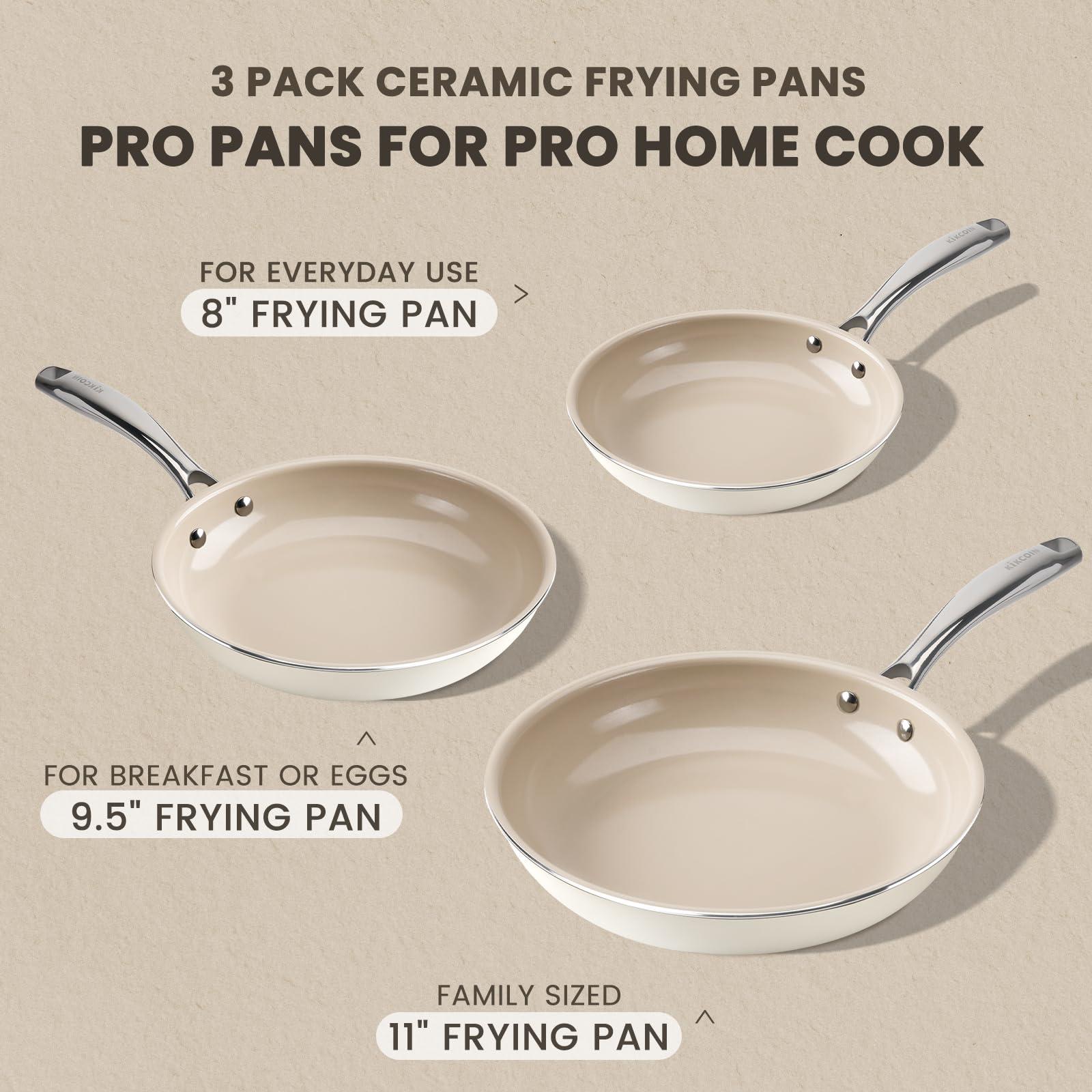 Kikcoin Ceramic Nonstick Frying Pans Set, Healthy Non Toix Pans for Cooking, 8" 9.5" 11" Ceramic Frying Pans and Skillet with Stay Cool Handle, Dishwasher/Oven Safe, PFAS & PTFE & PFOA Free - Image 3
