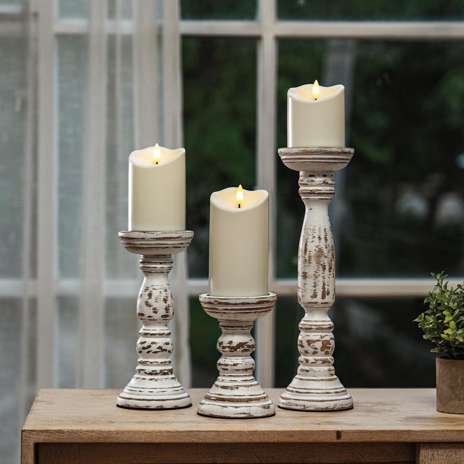 Homemory Farmhouse Wood Candle Holders for Pillar Candles Set of 3, Rustic Candle Holders for Table Centerpiece, 13" 9" 6" Vintage Tall Candle Stand Decorative for Dining Fireplace Living Room (White) - Image 6