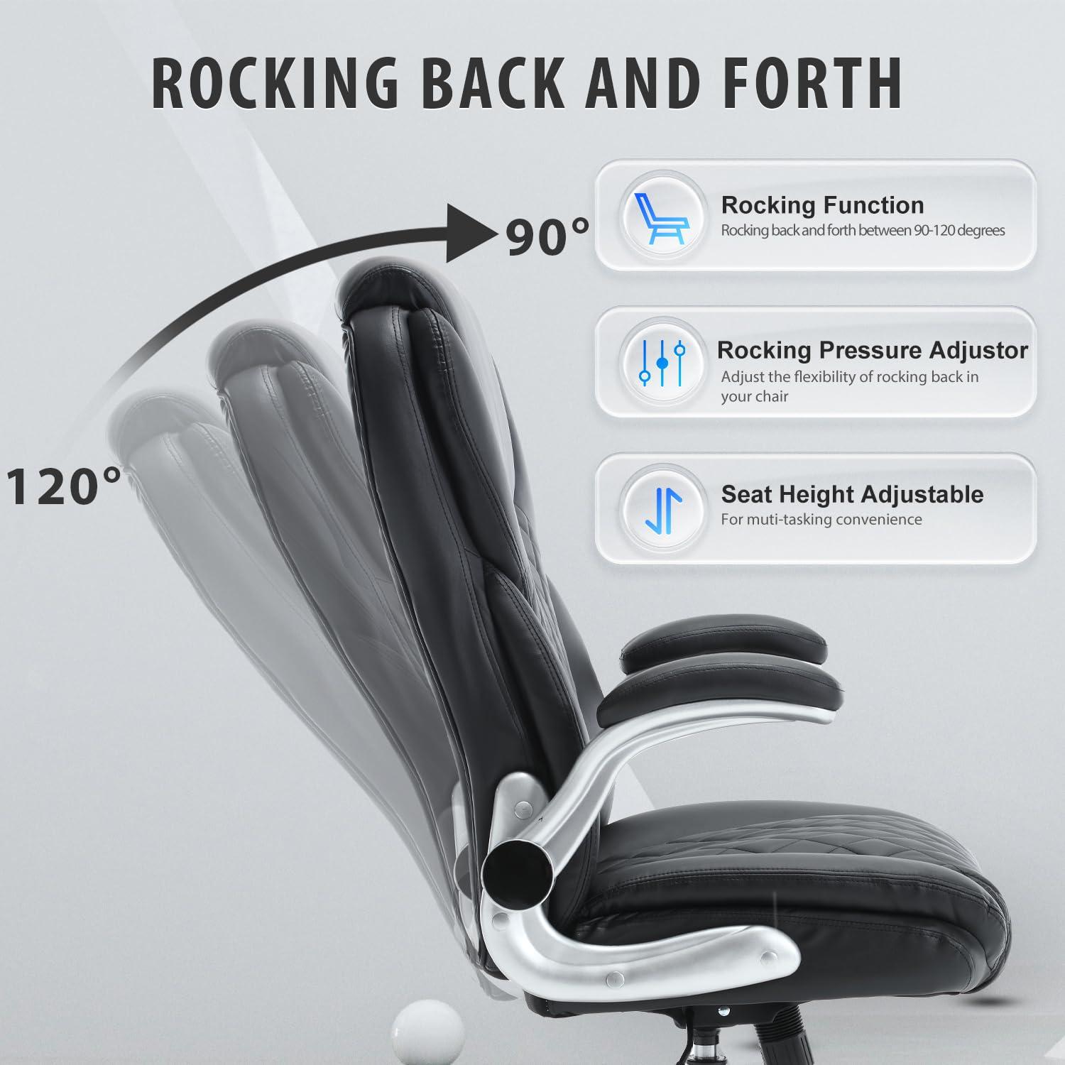 REFICCER Executive Office Chair, High Back Faux Leather Ergonomic Office Desk Chairs with Wheels, 90-120° Rocking Managerial Swivel Home Computer Chairs with Flip up Arms Lumbar Support(Black) - Image 5