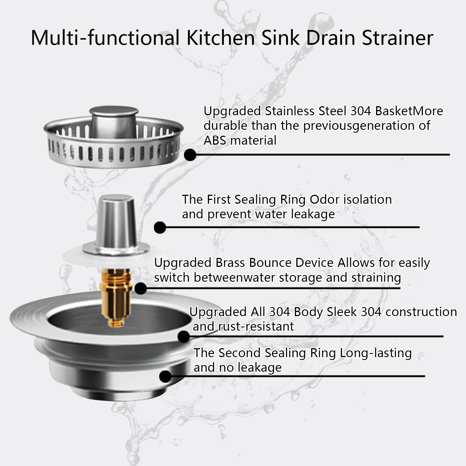 3 in1 Kitchen Sink Drain Strainer, 10,000 Press Test 304 Stainless Steel & Brass Material Pop-up Sink Stopper with Metal Basket Strainer Fast Drain Strainer for US Standard 3-1/2 in Kitchen Drain - Image 3