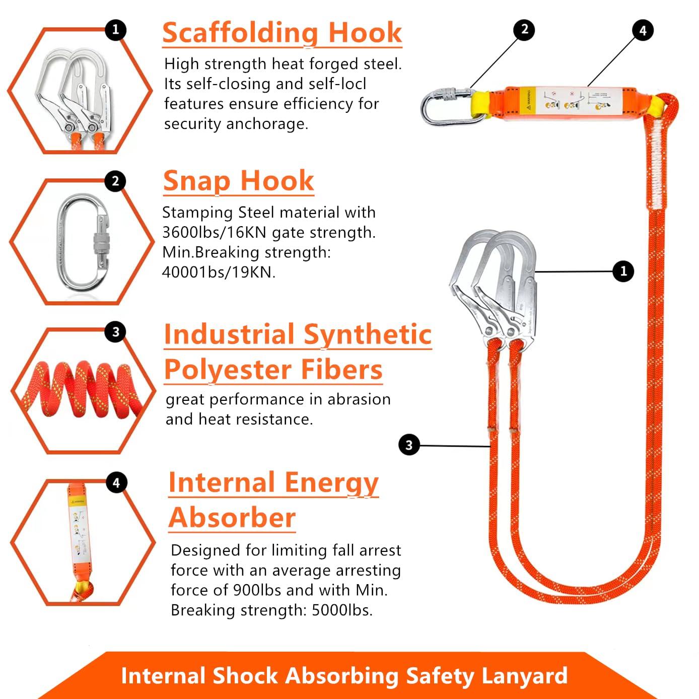 GLOROUSCHU Full Body Safety Harness Tool Fall Protection，OSHA/ANSI Compliant,ASTM F1774certified | INTERNAL Shock Absorbing Lanyard（Orange） - Image 4