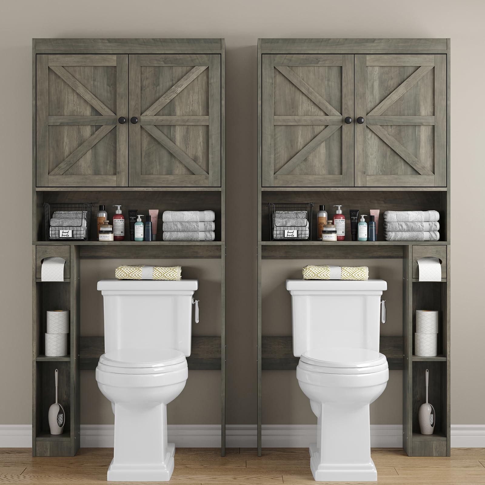 Furnideco 32.3''W Over The Toilet Storage Cabinet with Barn Doors, Over Toilet Shelf Farmhouse Storage Cabinet Space Saver with Toilet Paper Holder & Adjustable Bottom Bar, Gray - Image 4
