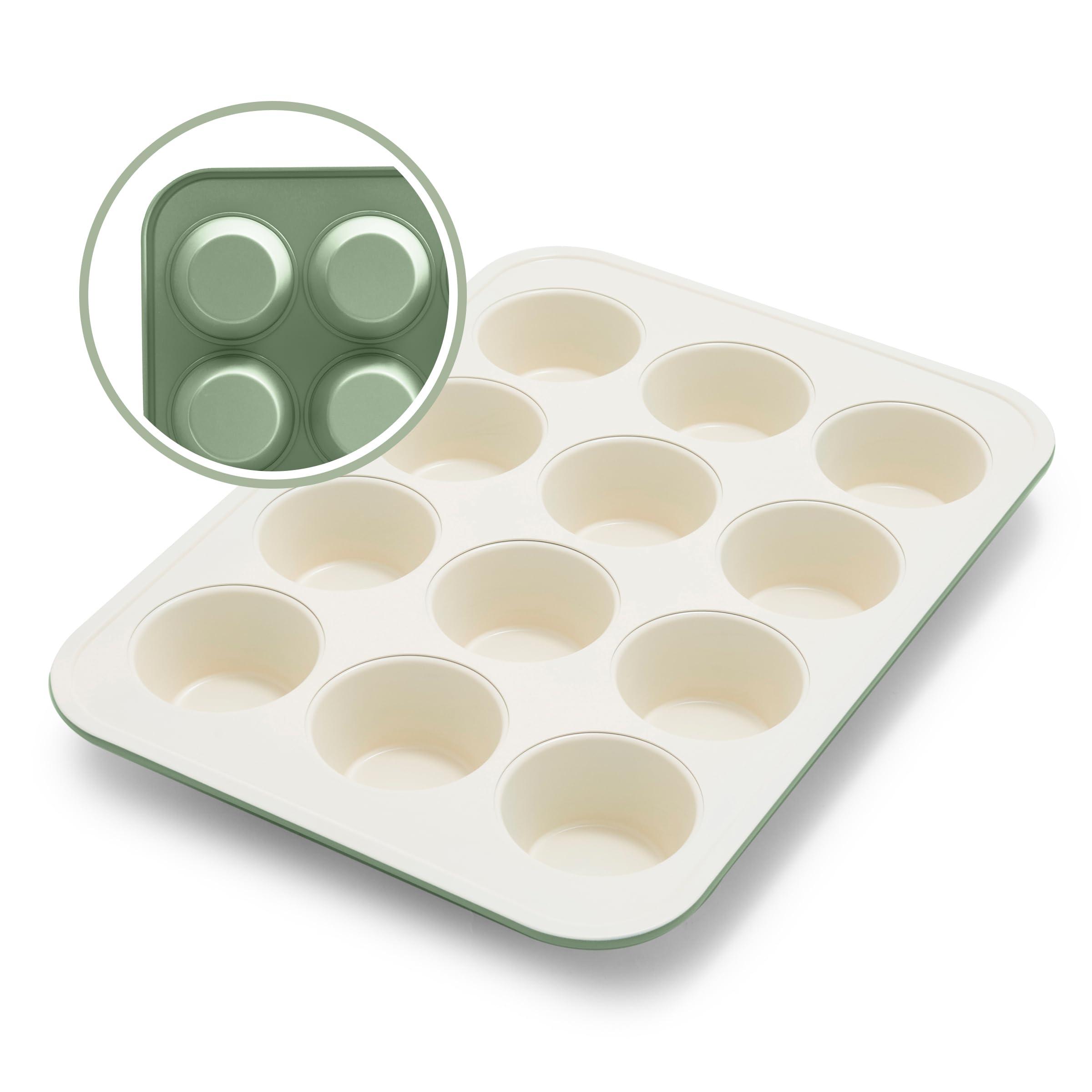 GreenLife 12-Cup Muffin Pan, Healthy Ceramic Nonstick Bakeware, PFOA & PFAS-Free Cupcake Tray, Durable Baking Pan, Versatile Kitchen Essential, Easy Clean Muffin Mold, Nonstick Baking Sheet, Sage