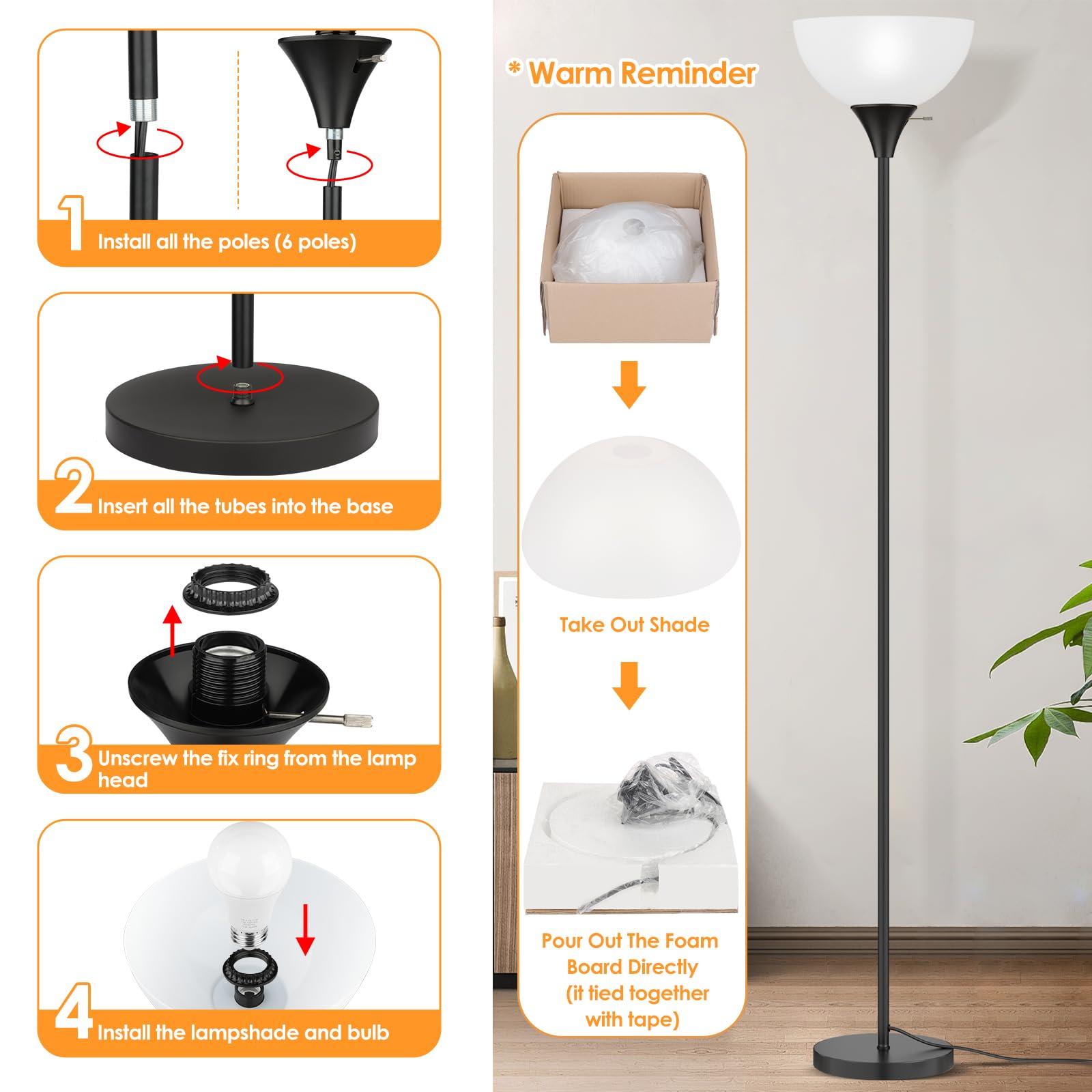 Coucrek Floor Lamp, LED Standing Lamps with White Plastic Shade, Black Modern Torchiere Floor Lamp, Tall Lamps for Living Room Dorm, Bulb not Included - Image 6
