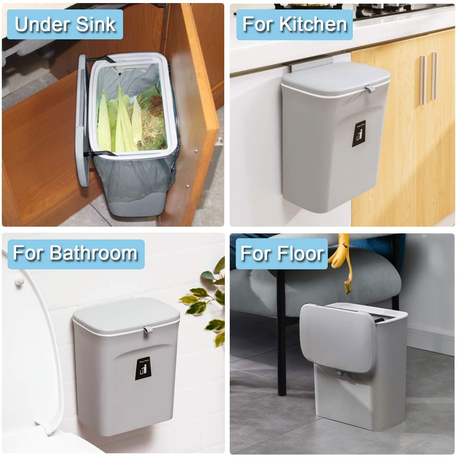 Tiyafuro 2.4 Gallon Kitchen Compost Bin for Counter Top or Under Sink, Hanging Small Trash Can with Lid for Cupboard/Bathroom/Bedroom/Office/Camping, Mountable Indoor Compost Bucket, Gray - Image 7