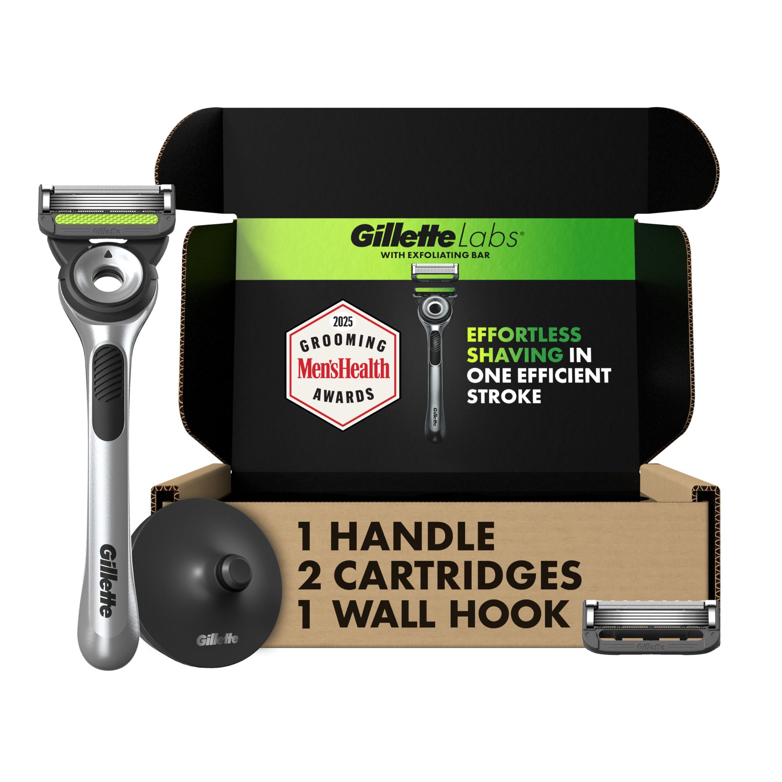 Gillette Labs with Exfoliating Bar by Men's Razor Set, 1 Shower Hook, Handle, 2 Blade Refills, Silver and Black, Razors for Men, Mens