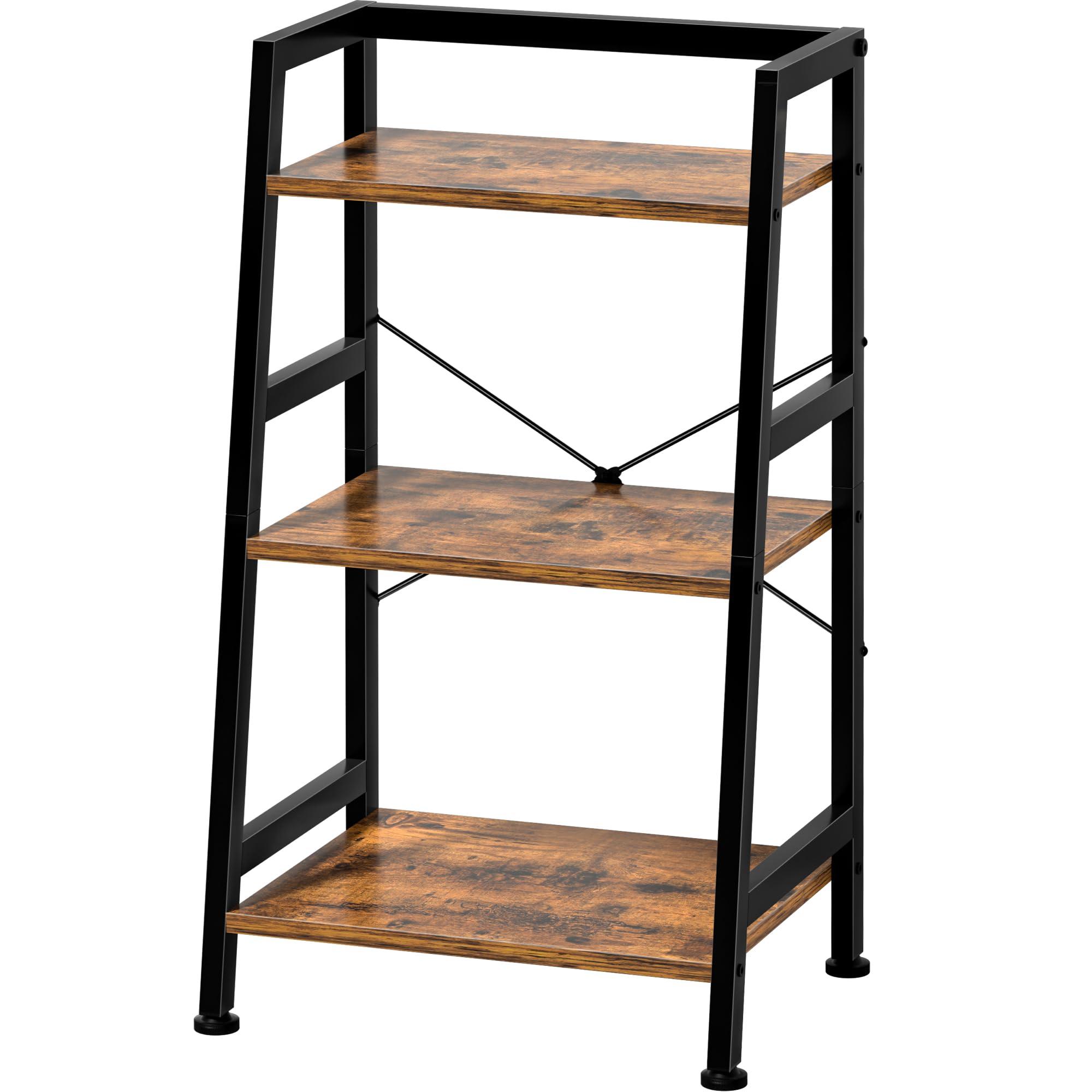 3-Tier Bookshelf, Ladder Shelf, Industrial Bookcase with Steel Frame, Metal Small Bookcase, Stand up Shelves for Living Room, Home Office, Kitchen, Bedroom, Industrial Style（Rustic Brown & Black）