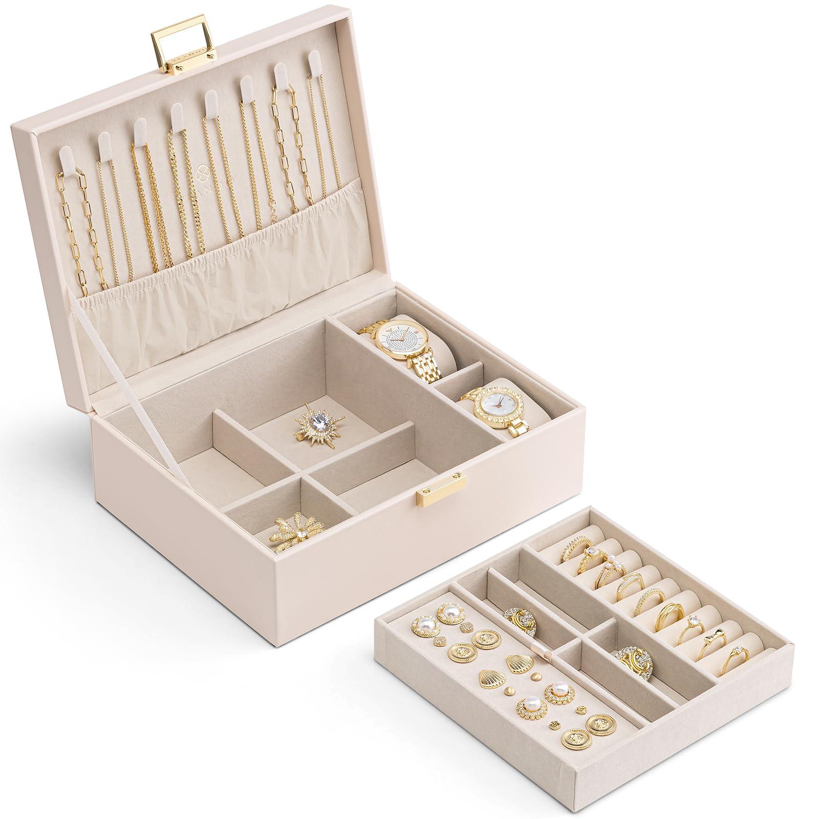Vlando 2 Layer Jewelry Box Large Jewelry Organizer for Women Removable Jewelery Tray with Watch Pillow for Necklace Earrings Rings Bracelets Jewelry Boxes for Wedding Gifts Bride Gifts(Apricot White) - Image 8