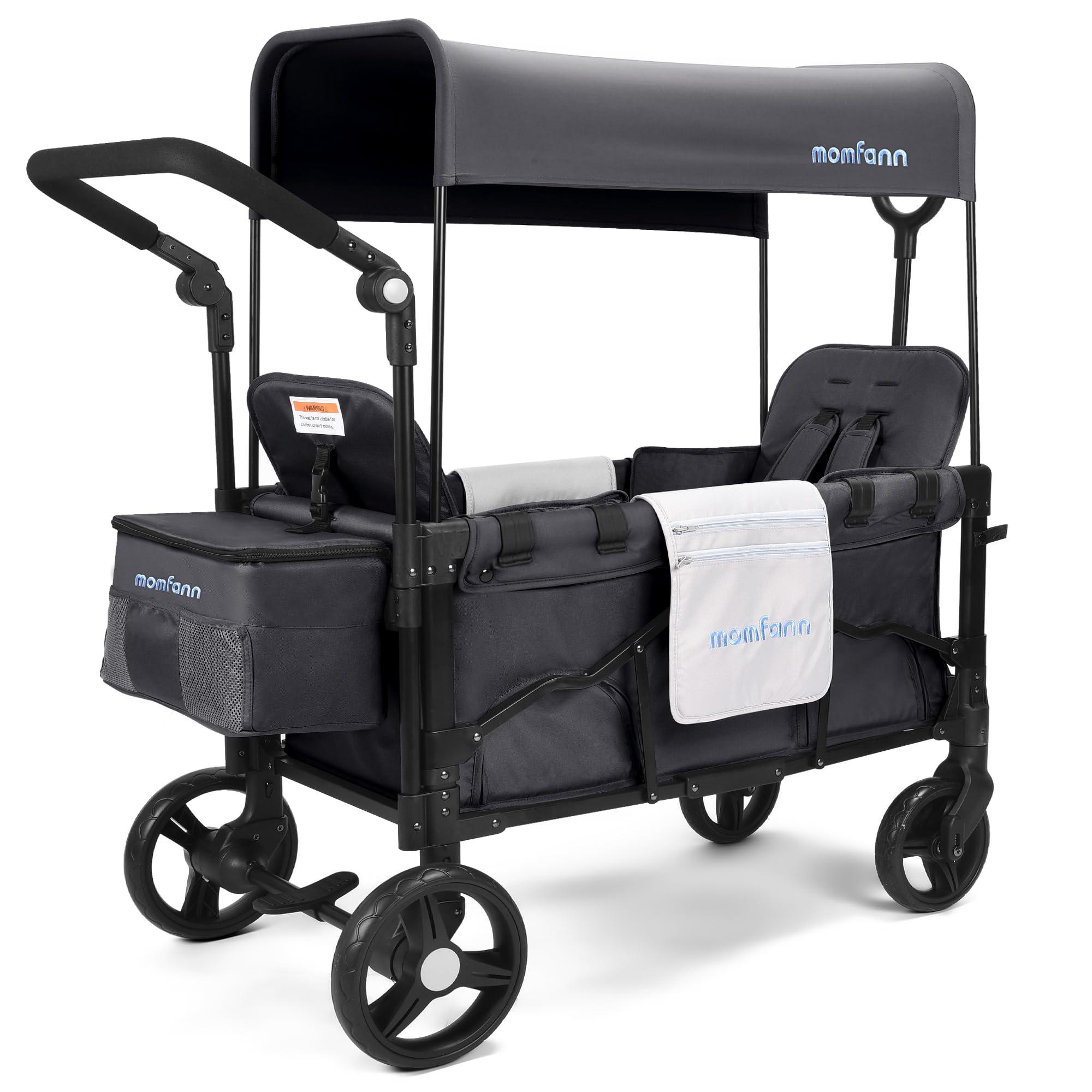MOMFANN Double-Seater Baby Wagon with Canopy, Push Pull Stroller with Adjustable Handle, Wagon Stroller for 2 Kids & Outdoor Adventures (Dark Grey)