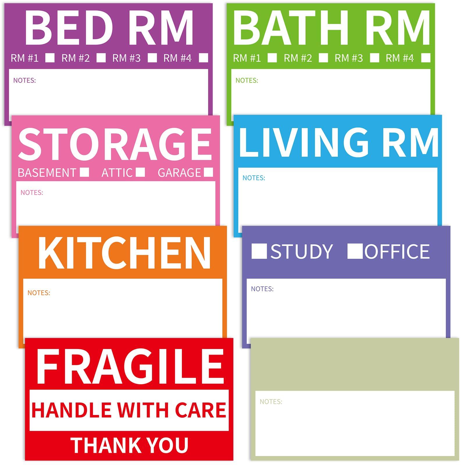 340 Home Moving Labels, 3.4 x 2 inches, 8-Color Coded Packing Box Stickers with Fragile and Blank Customizable Labels
