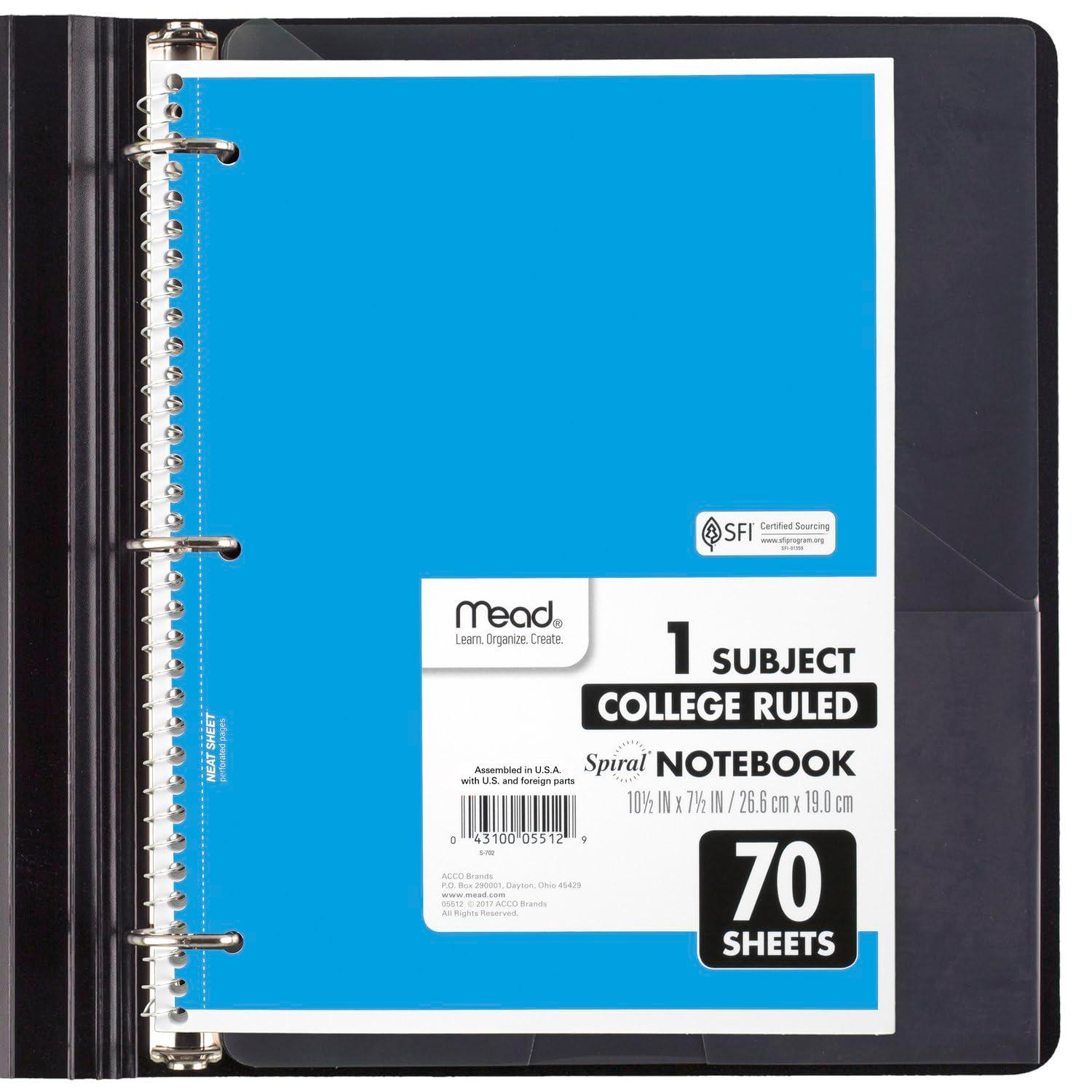 Mead Spiral Notebook, 6 Pack, 1 Subject, College Ruled Paper, 7-1/2" x 10-1/2", 70 Sheets per Notebook, Assorted Bright Colors (830050-ECM) - Image 5