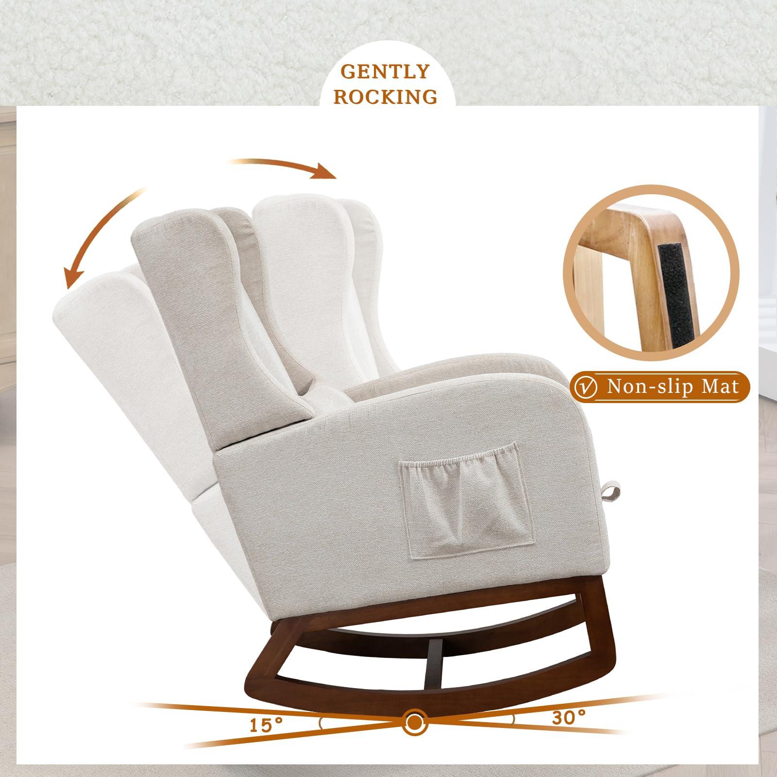 Modern Rocking Chair Nursery Glider, Comfy Rocker Nursery Chair with Foot Rest, Accent Reading Armchair with Pillow and Pocket, Upholstered Lounge Rocker with Solid Wood Base for Relaxing (Beige) - Image 5
