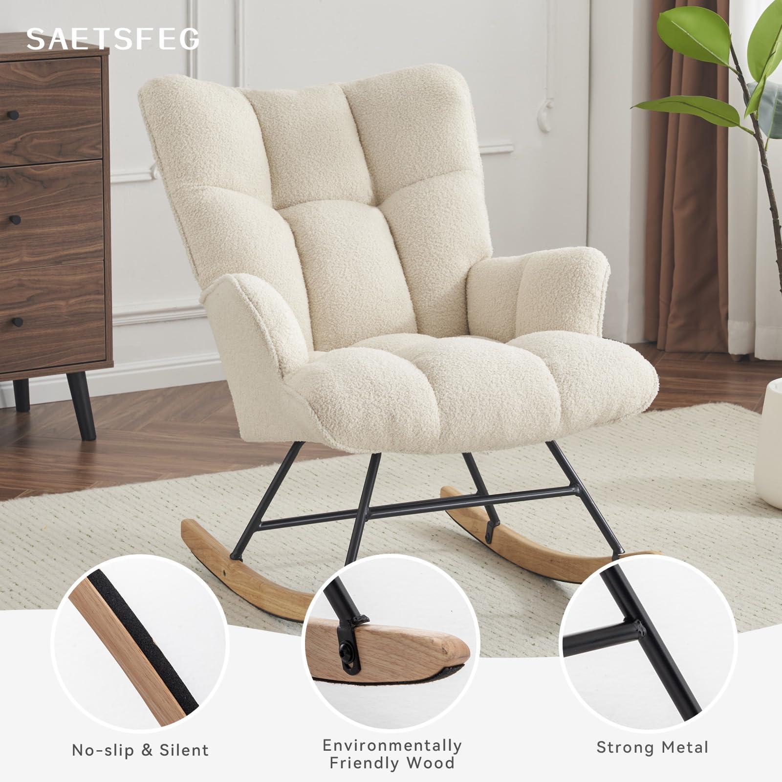 SAETSFEG Rocking Chair Nursery Teddy, Upholstered Baby Fluffy Glider Rocker for Adults Small Spaces Indoor, Comfy Sherpa Compact Nursing Chairs for Living Room, Bedroom, Classroom, Ivory - Image 5