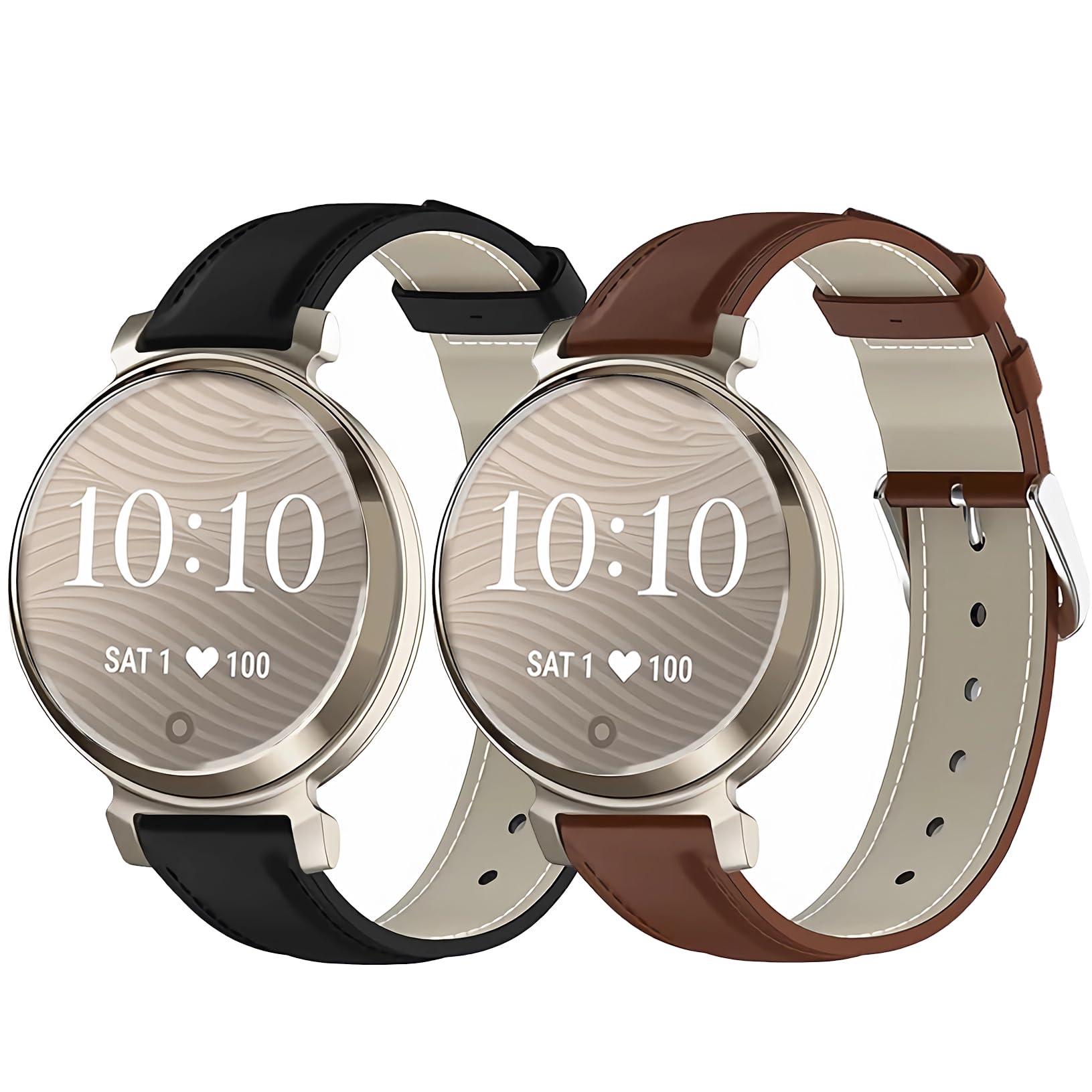 2Pack Leather Watch Band Compatible with Gar-min Lily 2 for Women Girls,14mm Soft Genuine Leather Strap Adjustable Quick Release Sport Wristband for Gar-min Lily2 / Lily 2 Classic Smartwatch for Men