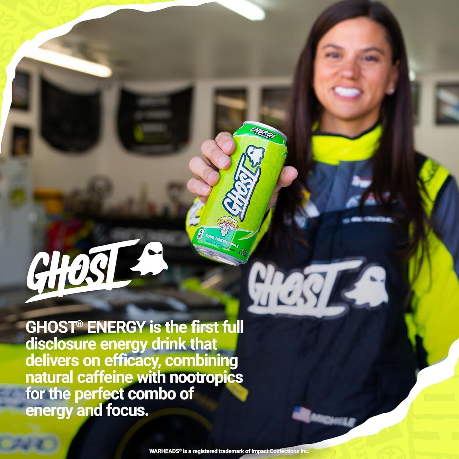 GHOST Energy Drink - 12-Pack, Warheads Sour Green Apple, 16oz - Energy & Focus & No Artificial Colors - 200mg of Natural Caffeine, L-Carnitine & Taurine - Gluten-Free & Vegan - Image 6