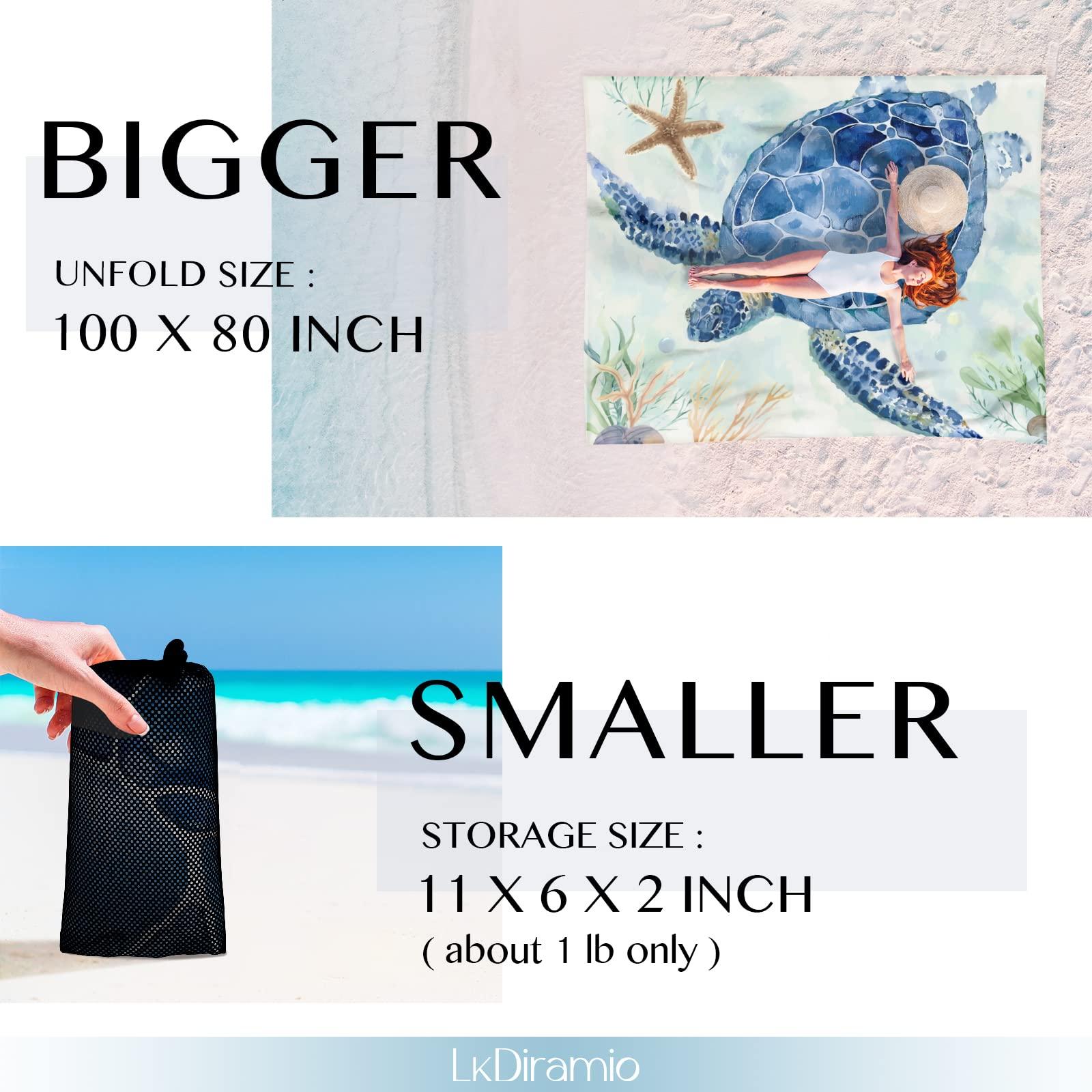 LkDiramio Beach Blanket Sand Proof Waterproof Oversized 100" x 80" Sand Free Mat with Corner Pockets and Mesh Bag for Outdoor, Picnic, Travel, Beach Accessories Portable, Watercolor Turtle - Image 3