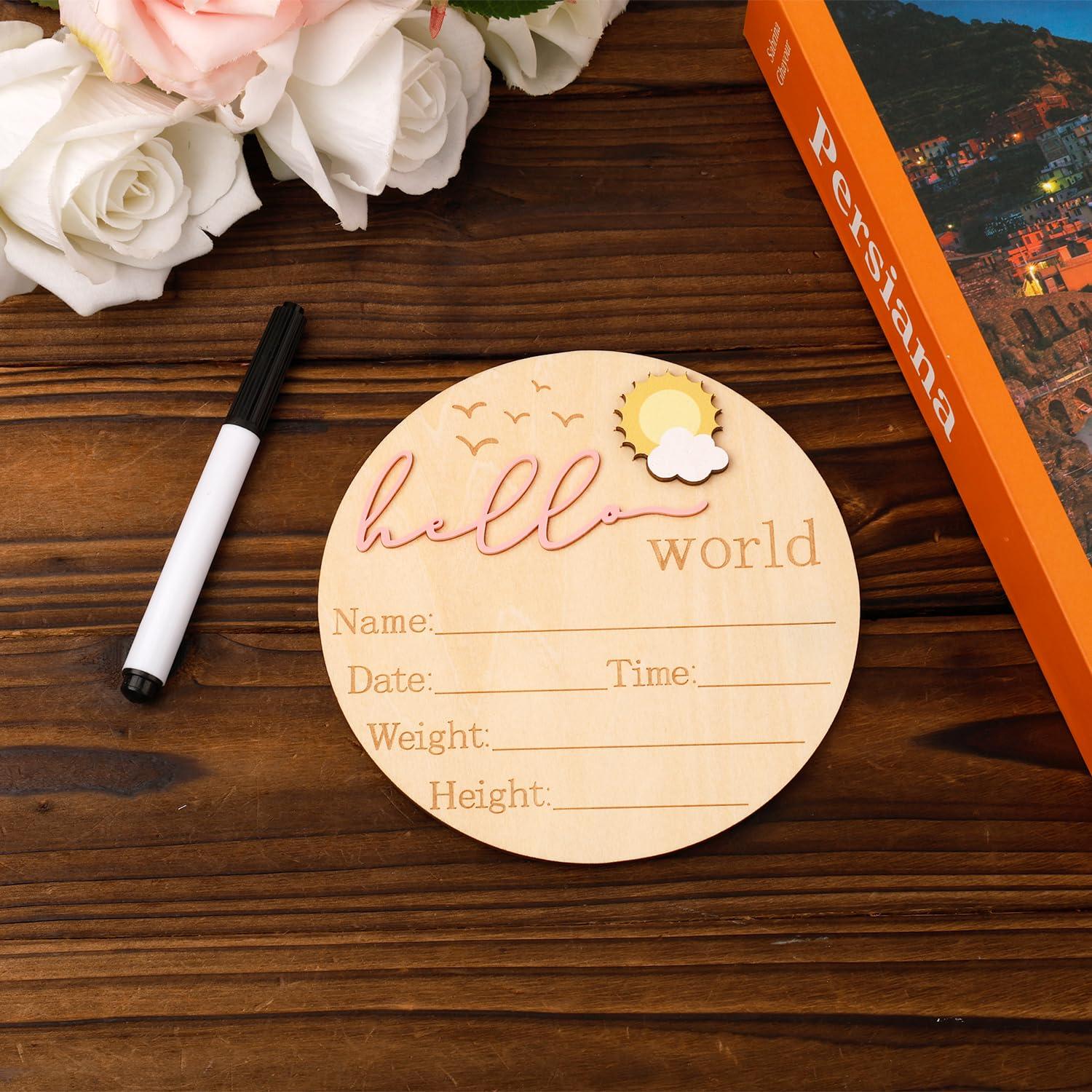 Baby Announcement Sign, 5.83 Inch Wooden Hello World Newborn Sign Cute Welcome Birth Name Plaques Board for Girl Boy Baby Shower Hospital Nursery Photo Prop (Pink) - Image 2