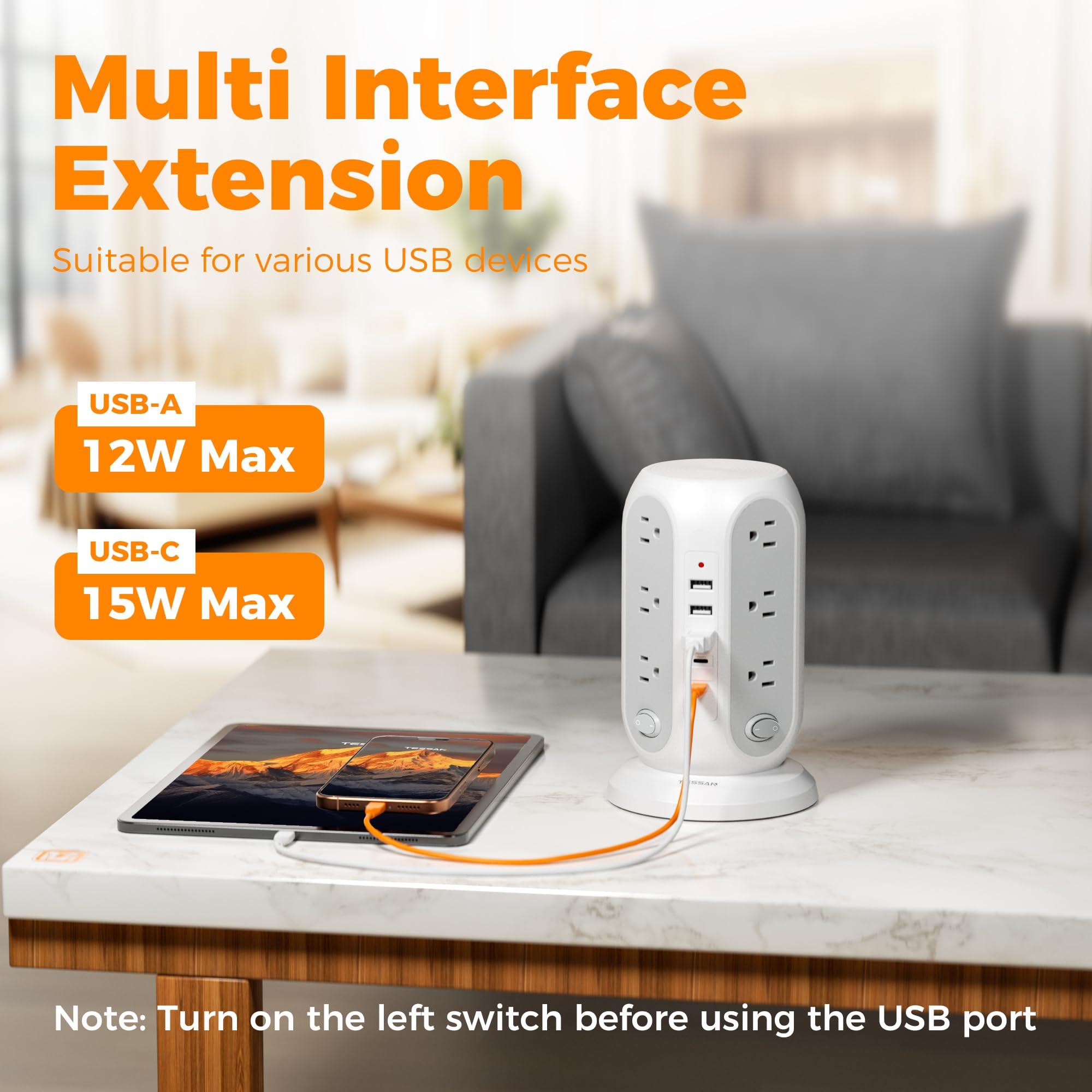 Tower Power Strip with Individual Switches, TESSAN Surge Protector with 12 Outlets, 5 USB Ports(2 USB C), Flat Extension Cord 10 Ft, Flat Plug, Charging Station for Multiple Devices, for Office, Dorm - Image 6