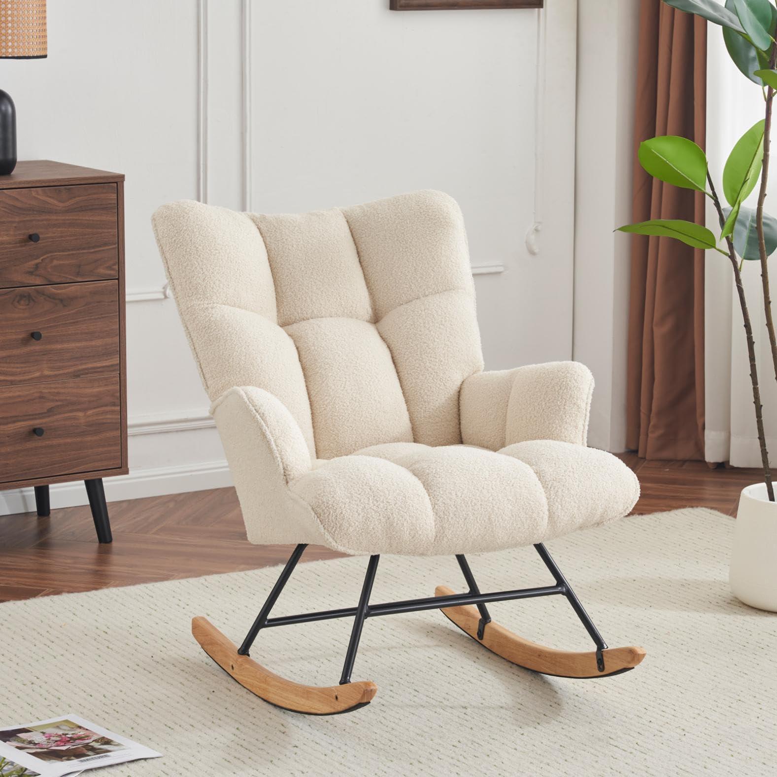 SAETSFEG Rocking Chair Nursery Teddy, Upholstered Baby Fluffy Glider Rocker for Adults Small Spaces Indoor, Comfy Sherpa Compact Nursing Chairs for Living Room, Bedroom, Classroom, Ivory