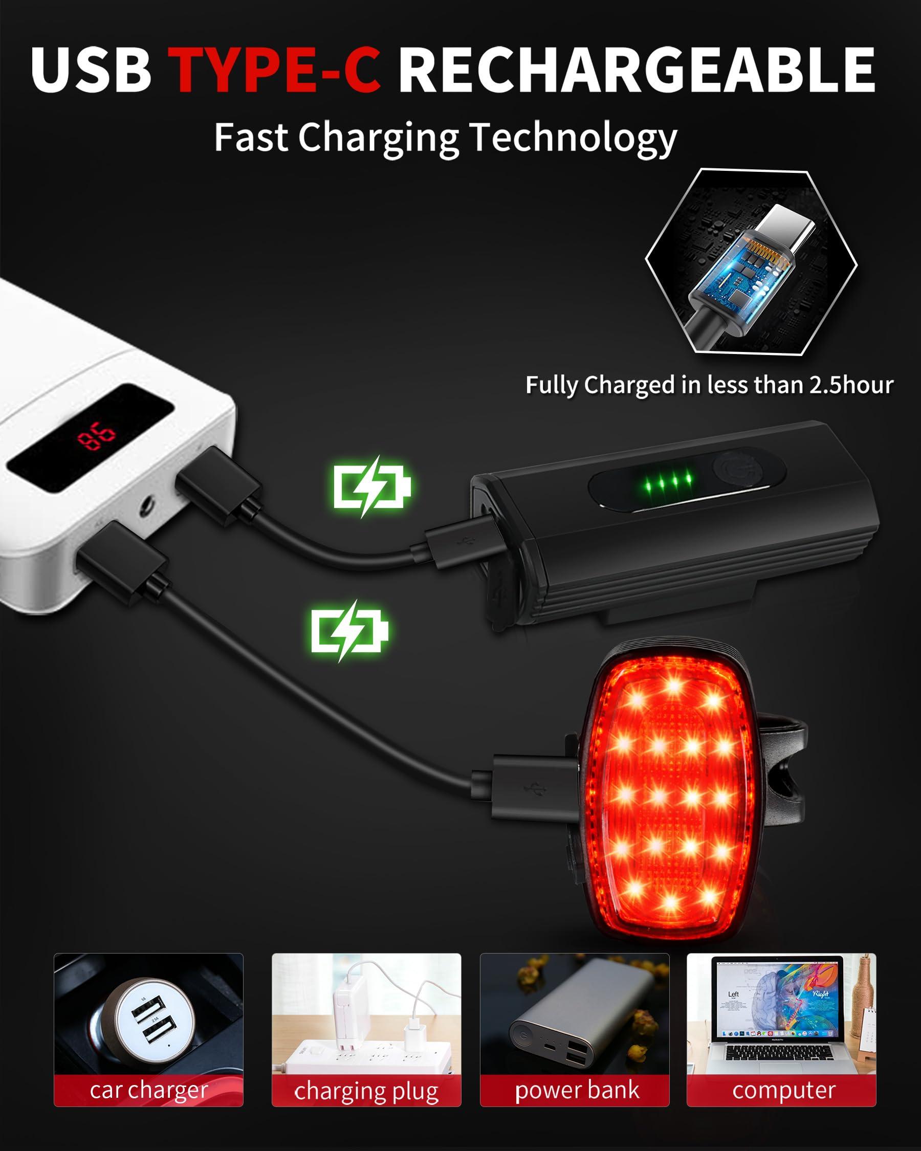 DARKBEAM Bike Headlight Rechargeable USB-C, Bicycle Lights 4000LM Ultra Bright, Mountain Bike Light Set for Night Riding, 6+5 Mode Waterproof Front Bike Light & Rear Light for Road, Cycling - Image 5