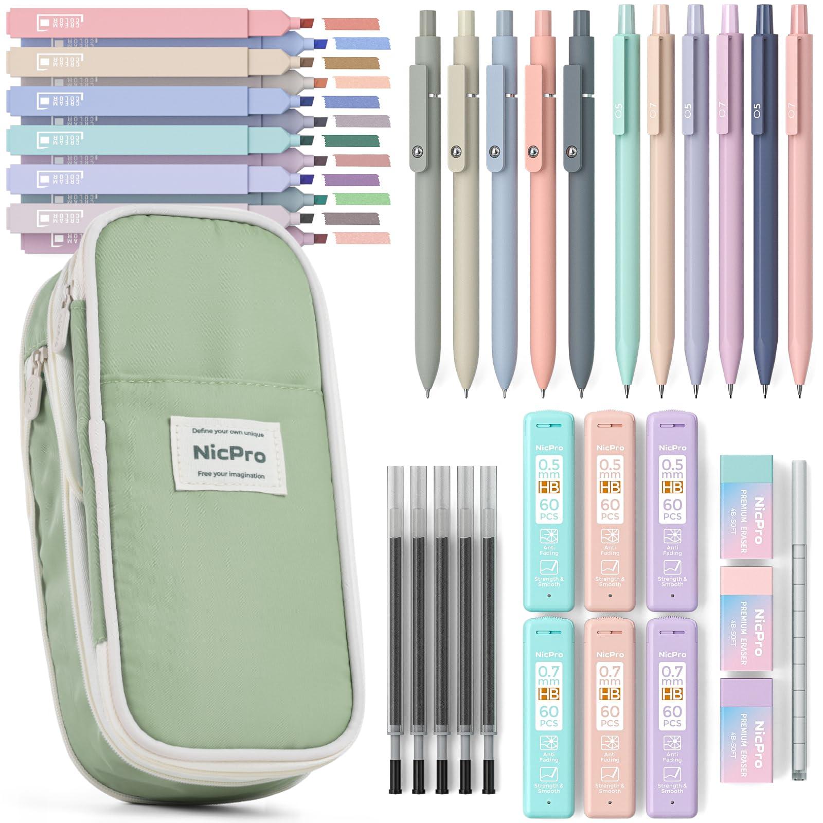 Nicpro 39 PCS Aesthetic School Supplies with Big Capacity Pen Case, 12 Color Pastel Highlighters, 5 Quick Dry Retractable Black Ink Pens, 6 Pastel Mechanical Pencil 0.5 & 0.7 mm for Student Stationary